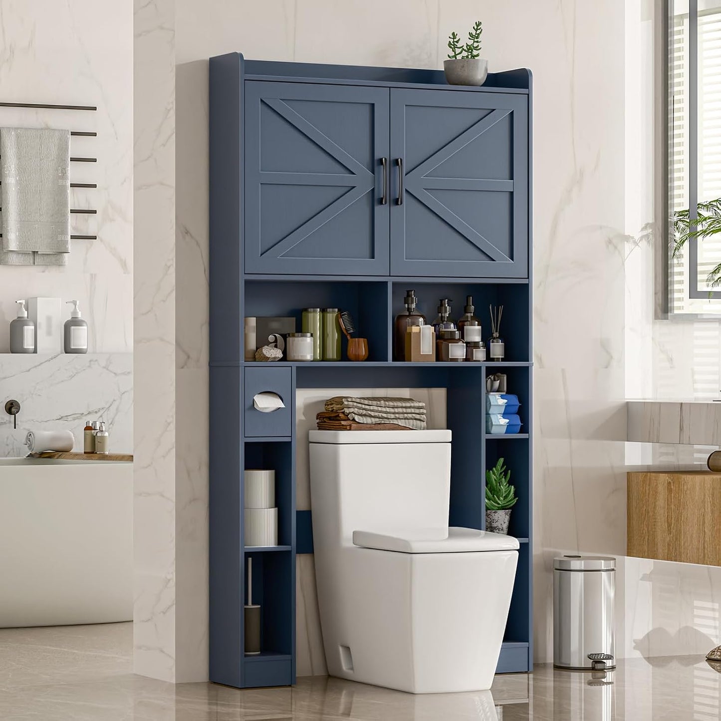 Over The Toilet Storage Cabinet, Farmhouse Toilet Cabinet Rack with Barn Doors, Space Saving Bathroom Organizer with Shelves, Toilet Paper Holder and Towel Rack for Bathroom,Restroom,Laundry,Blue