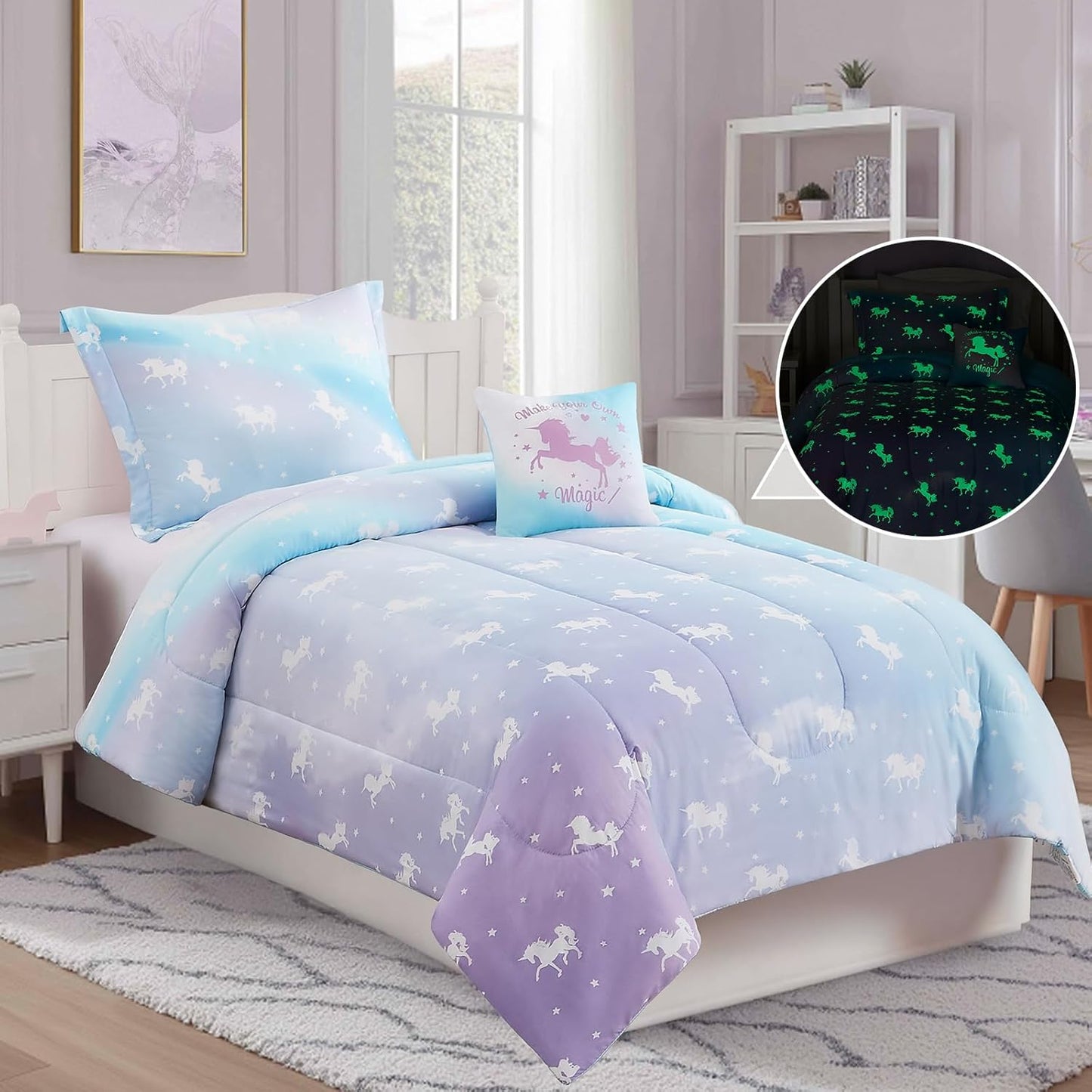 Full Size Comforter Set for Girls-4 Pieces Unicorn Glow in The Dark Full Bedding Sets for Kids, 1 Comforter, 2 Shams and 1 Decor Pillow