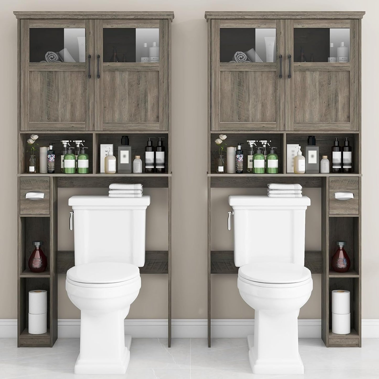 Vabches Over-The-Toilet Storage Cabinet with Double Doors, Toilet Paper Holder Stand & Adjustable Shelf, Freestanding Space Saver, Grey