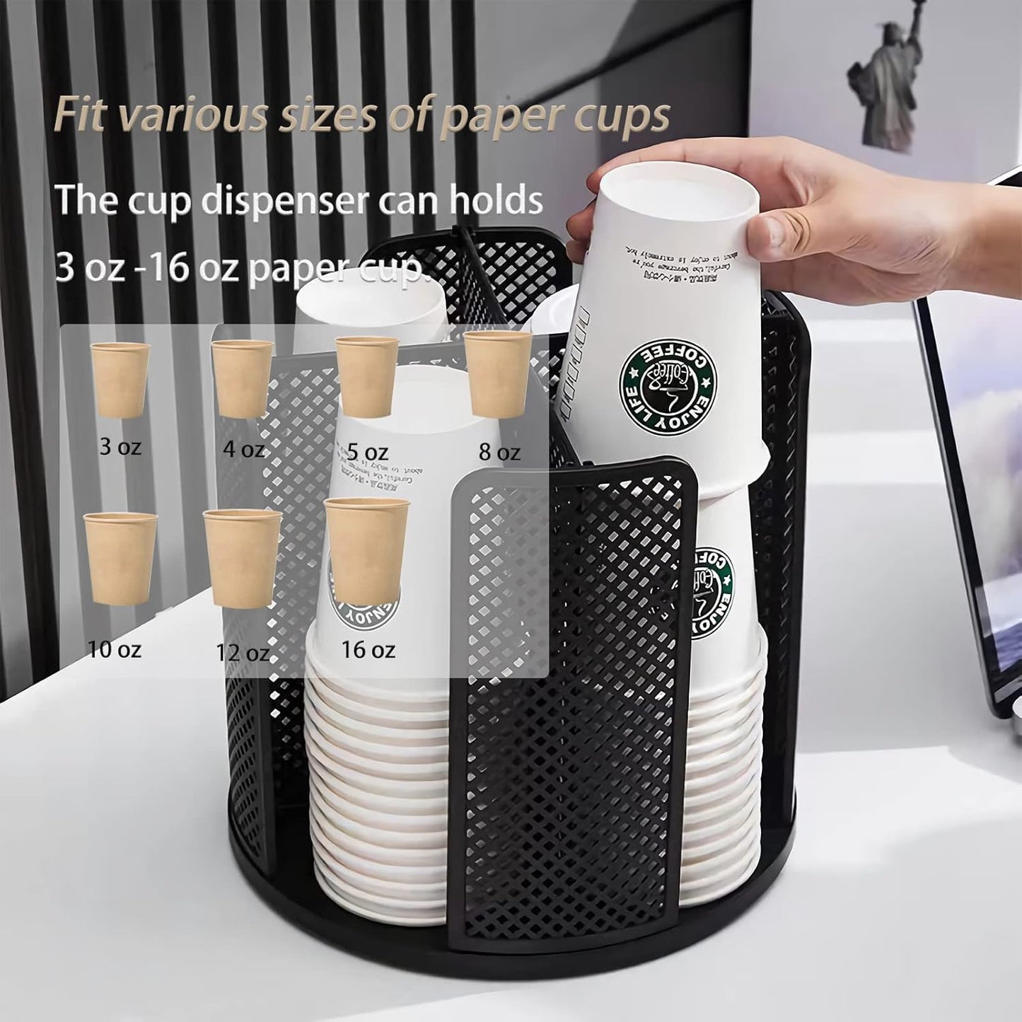 Paper Cup and Lid Holder Plastic Cup Storage Organizer Coffee Cup Dispenser for Countertop, Breakroom, Bathroom, Coffee Station, Bar, Buffet, Kitchen Cabinet - Black