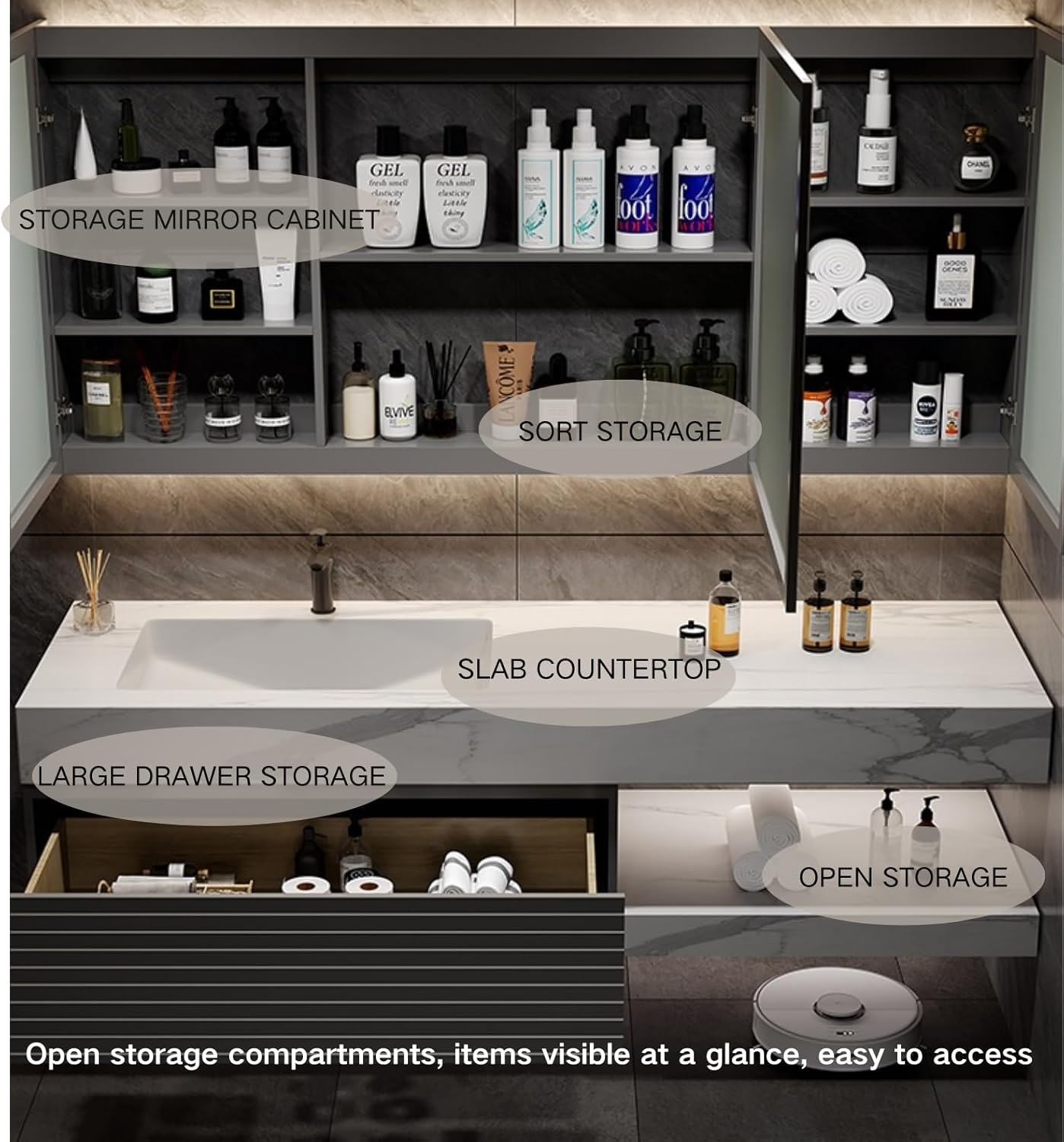 Bathroom Vanity 68 inch, Single Sink Floating Vanity Set Includes Anti-Fog LED Mirror Cabinet, Slate Countertop and Wall-Mount Sink Cabinet, Modern Bathroom Vanities(Greyish Black)