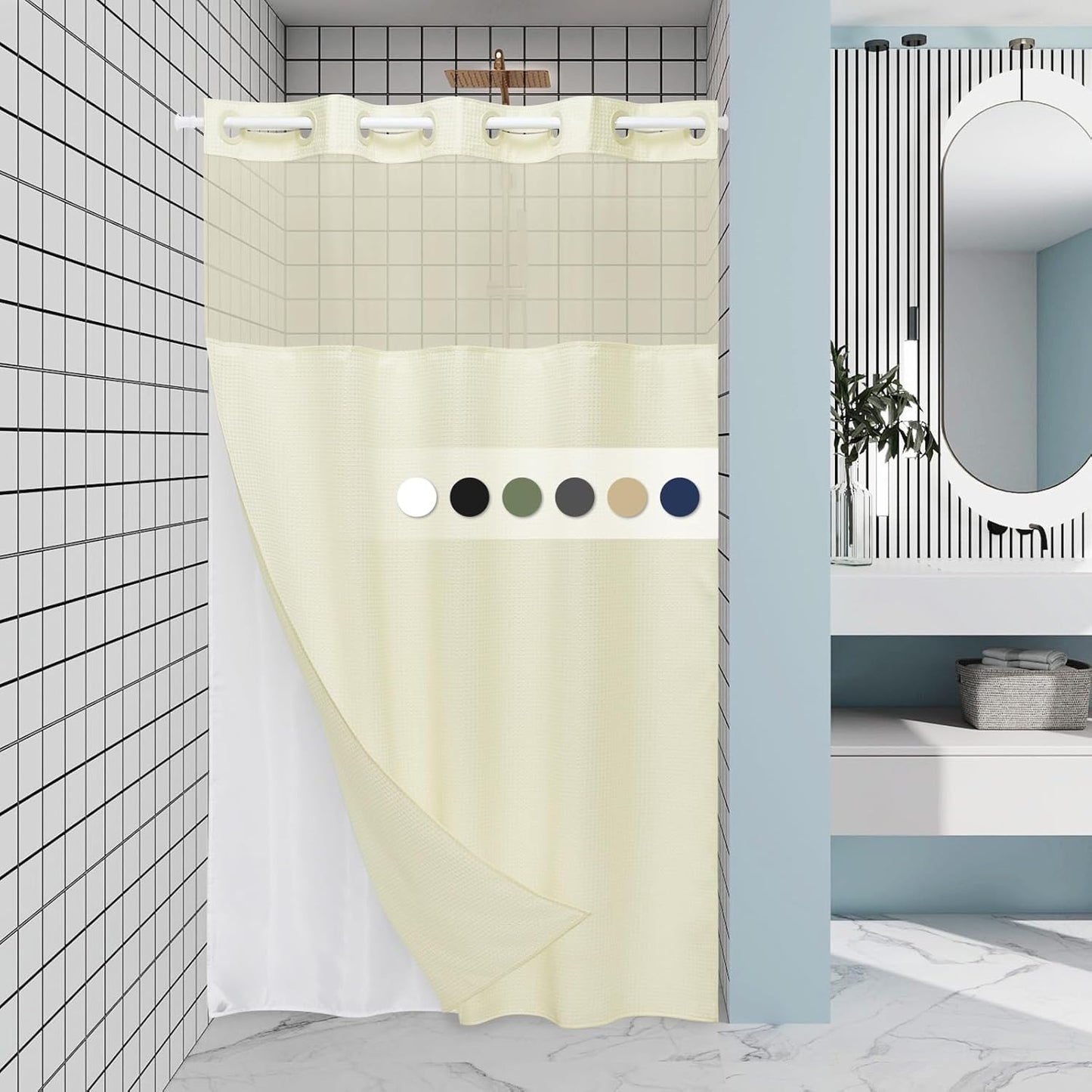 Ivory Stall Hotel Shower Curtain with Detachable Liner - 230GSM Waffle Textured,Hotel Grade,Spa Like Bath Curtain,54W x 80H