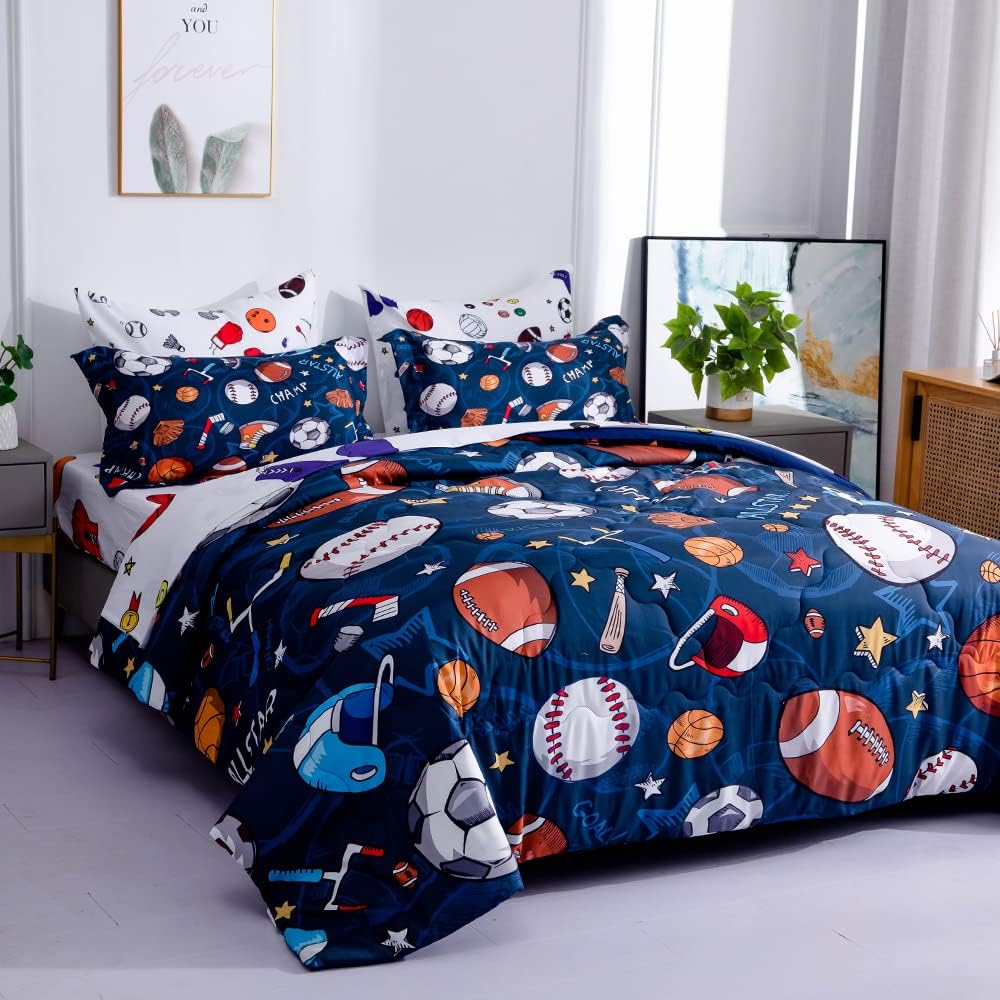 Wajade Sports Comforter Set Bed in A Bag Twin Size 7 Piece 3D Soccer Basketball Baseball Football Bedding Set for Kids Boys (1 Comforter, 1 Flat Sheet, 1 Fitted Sheet, 2 Pillowcase and 2 Pillow Sham)