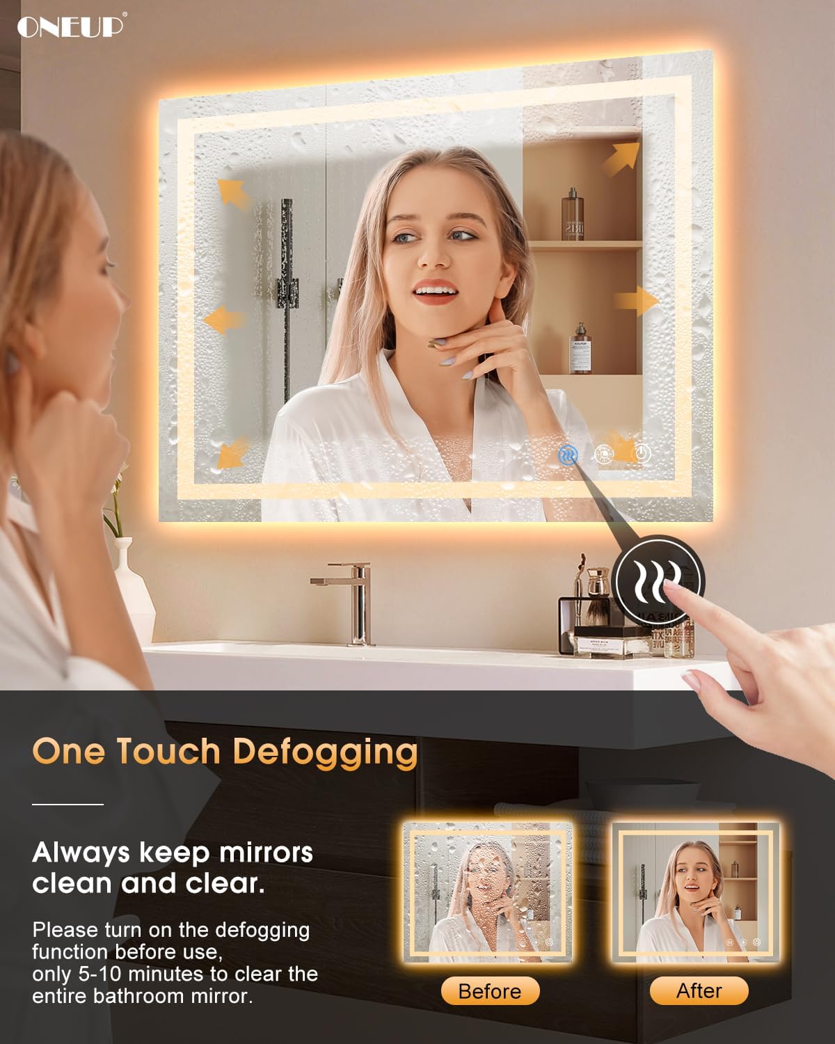oneup 40x36 Inch Bathroom Mirror with Lights,RGB Color Changing LED Bathroom Mirror,Anti-Fog Wall-Mounted Vanity Mirrors,Smart Dimmable Multicolor Lighted,IP54 Waterproof (Horizontal/Vertical)