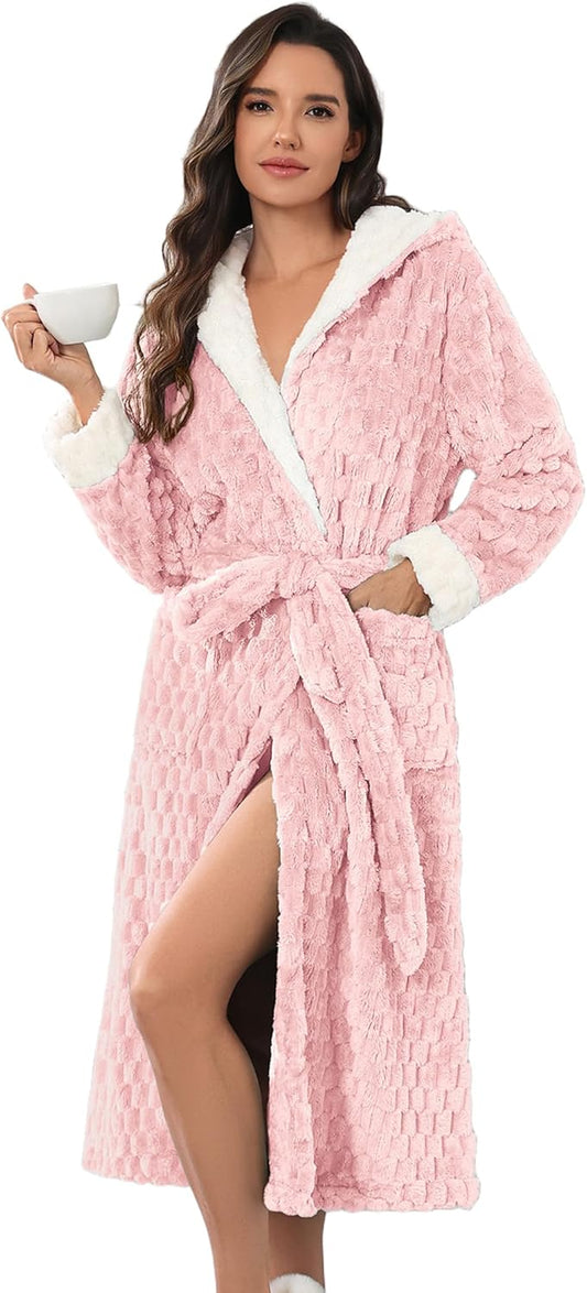 Ekouaer Womens Plush Robes Long Soft Jacquard Fluffy Bathrobe Hooded Robe Sleepwear with Pockets