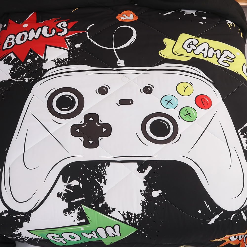 Wajade Kids Game Comforter Set Bed in A Bag Full Size 7 Piece 3D Colorful Video Game Controller Bedding Set for Boys Girls (1 Comforter, 1 Flat Sheet, 1 Fitted Sheet, 2 Pillowcase and 2 Pillow Sham)