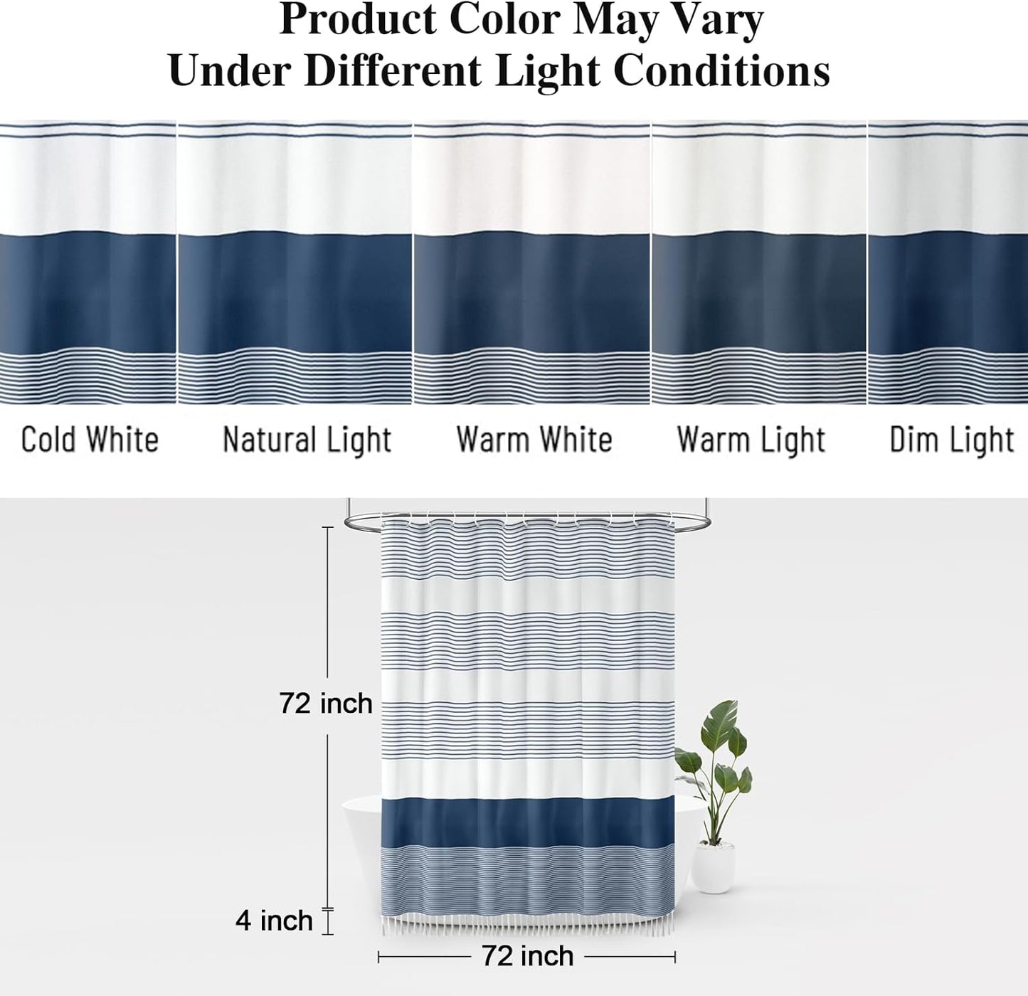 Awellife Navy Blue Shower Curtain for Bathroom Stripe Tassel Shower Curtain 72 X 72 Inches Farmhouse Cotton
