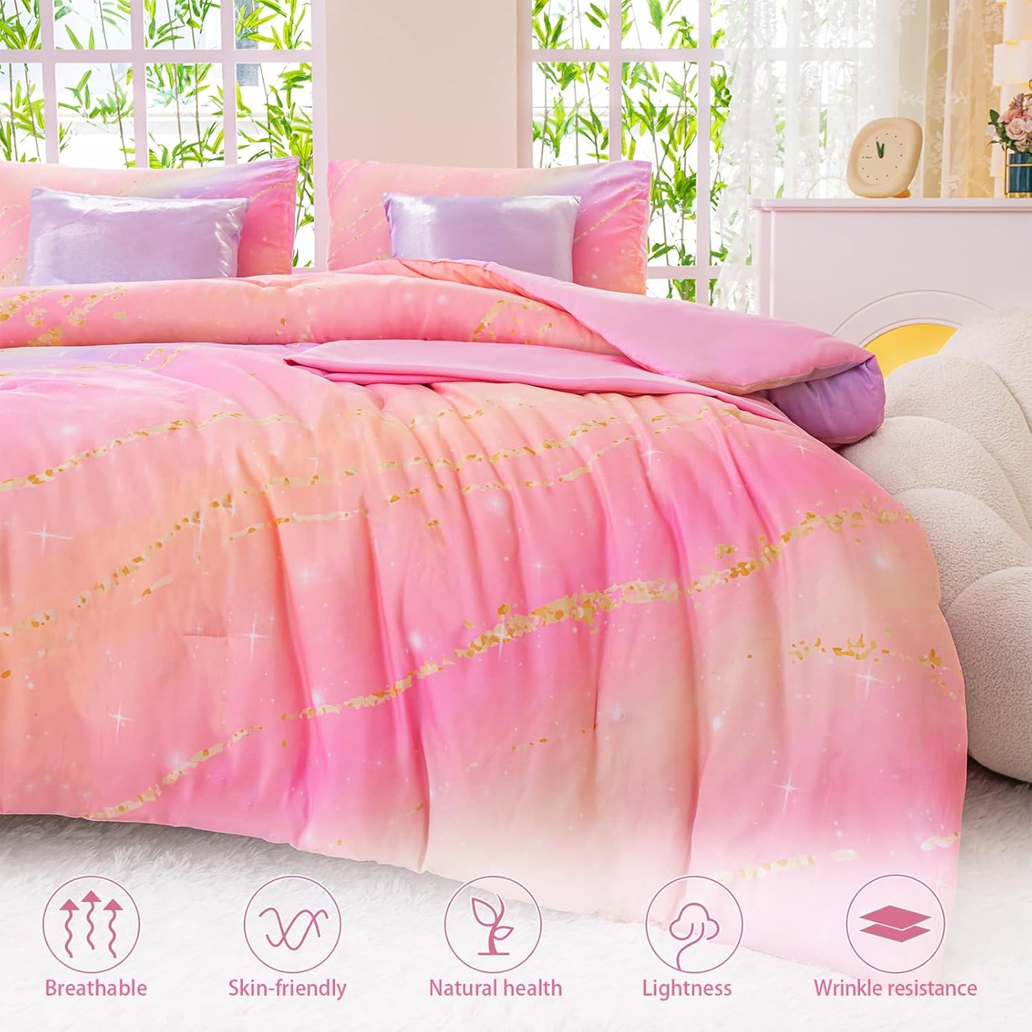 Rainbow Bedding Set Queen Size – 6-Piece Reversible Girls Comforter with Deep-Pocket Sheet, Gradient Galaxy Design, Whole-Piece Filling, Machine Washable Bed-in-a-Bag for Kids Room Makeover & Gifts