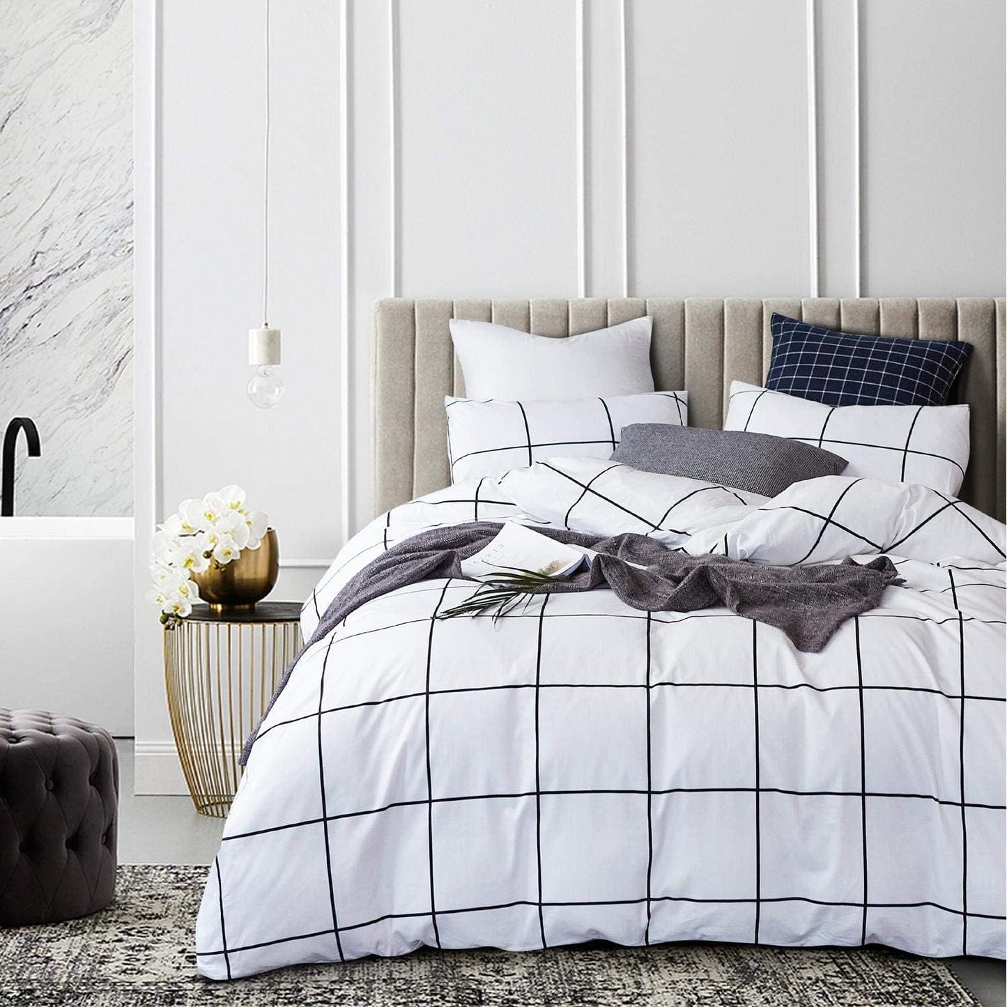 KAREVER White Grid Comforter Set Big Grid Bedding Set Full White Black Plaid Printed Stripes Women Checkered Comforters Bedding Set Girls White Grid Bed Blanket Set White Plaid Full Comforter