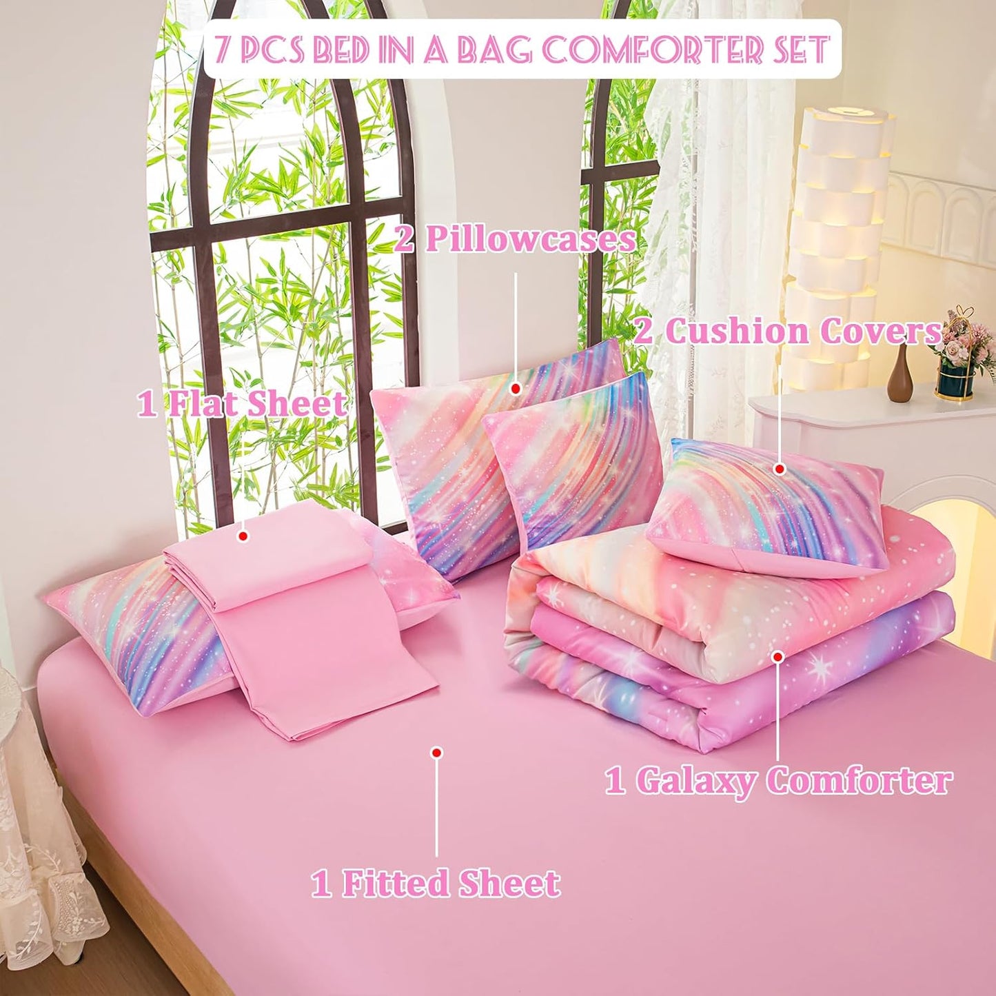 Twin Comforter Set for Girls Galaxy Bedding 7pieces, Ombre Bedding Comforter Sets Rainbow Comforter, Twill Pink