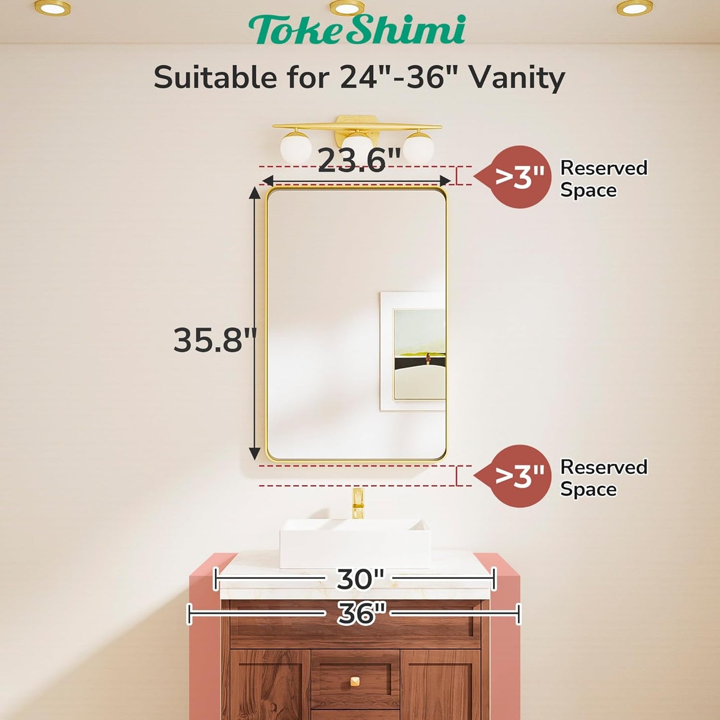 TokeShimi 24x36 Brushed Nickel Bathroom Mirror,Wall Mirror for Bathroom with Tempered Glass,Nickel Bathroom Vanity Mirror for Over Sink,Aluminum Framed Mirror(Horizontal/Vertical)