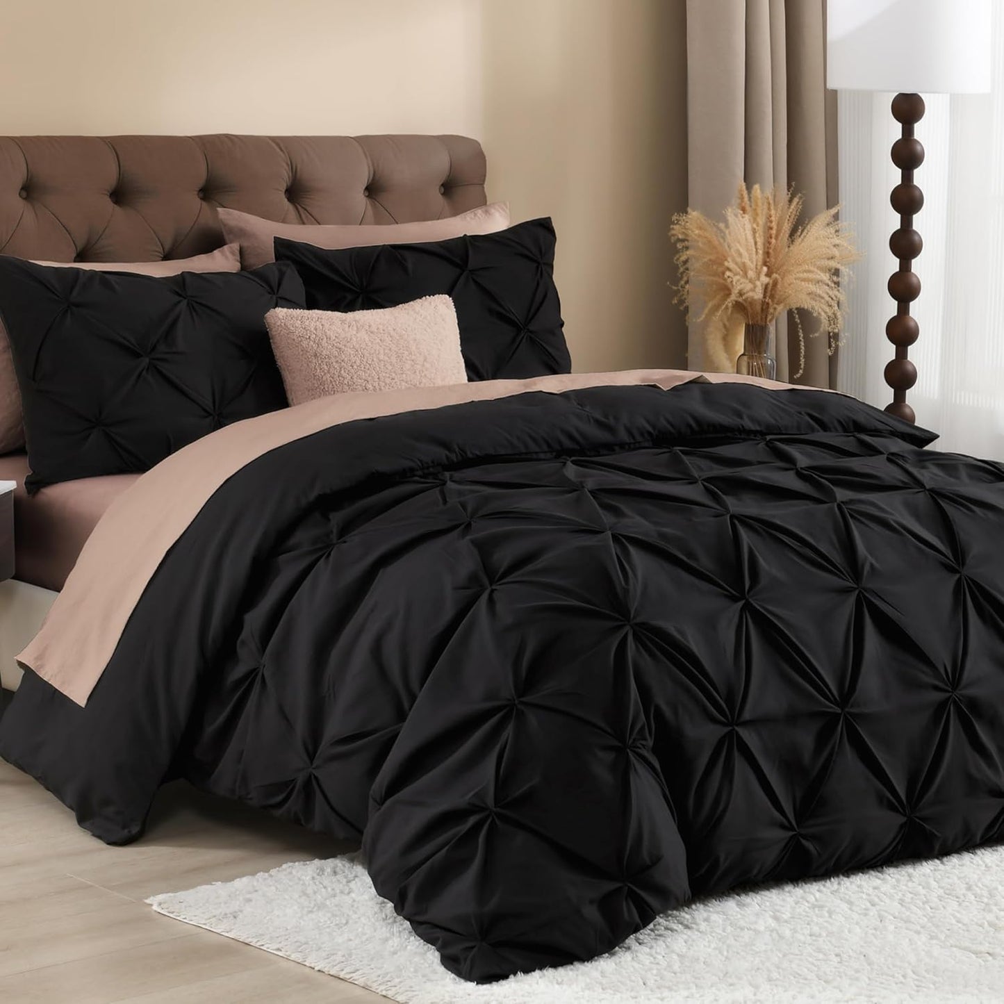 Litanika Black Oversized Queen Pinch Pleat Duvet Cover, 3 Pieces Pintuck Cover Soft Microfiber Bedding Set with Zipper Closure & Corner Ties(1 Duvet Cover, 2 Pillowcases)