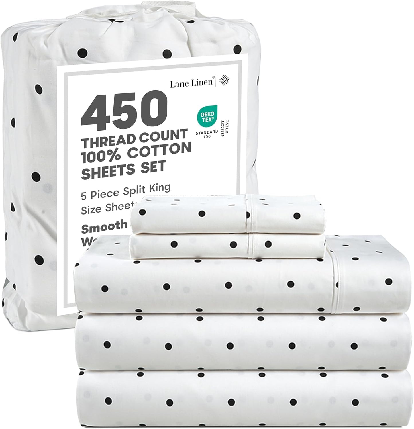 LANE LINEN Sheets for Split King Adjustable Bed – 450 Thread Count 100% Cotton Bedsheets, Soft & Breathable Sateen Sheets, 15” Deep Pocket, Hotel Sheet & Pillowcase Sets, Polka Dot Black