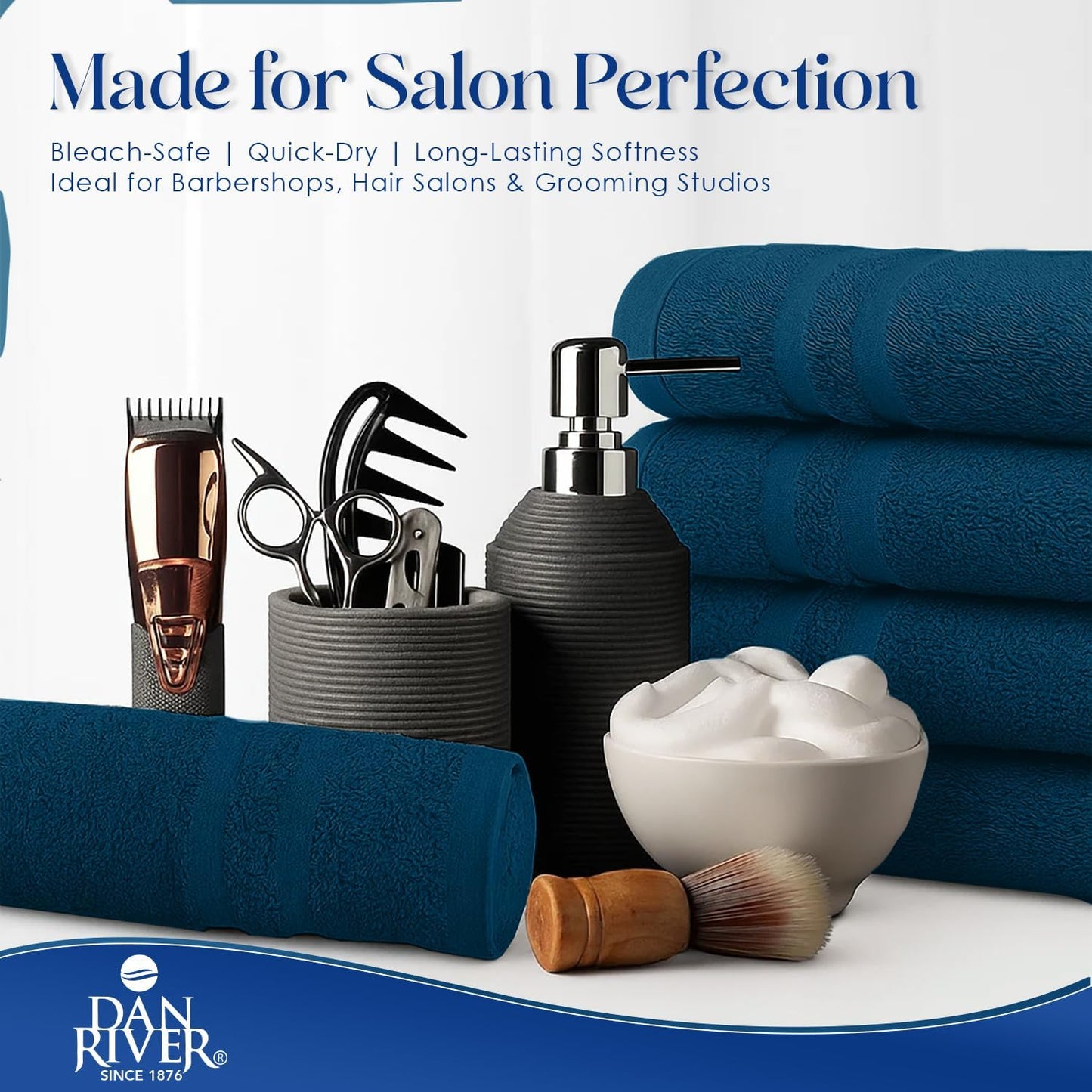 DAN RIVER 100% Cotton Salon Towels Set – 16x26 inches, Pack of 24, Highly Absorbent and Quick-Dry Towels for Hand, Salon, Spa, Beauty, Gyms and Home Hair Care, Navy