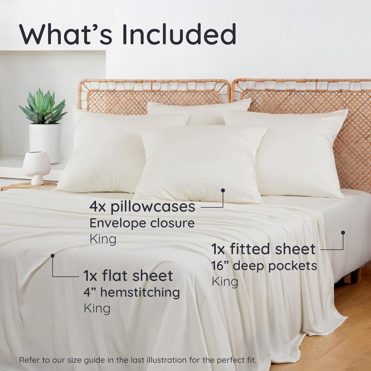 Bambaw King Sheet Set 6pcs – 100% Viscose Derived from Bamboo Sheets King Deep Pocket, Fits Up to 16'' with Elastic Corner Straps, King Cooling Sheets, Hotel Luxury Bed Sheets Set (Ivory)