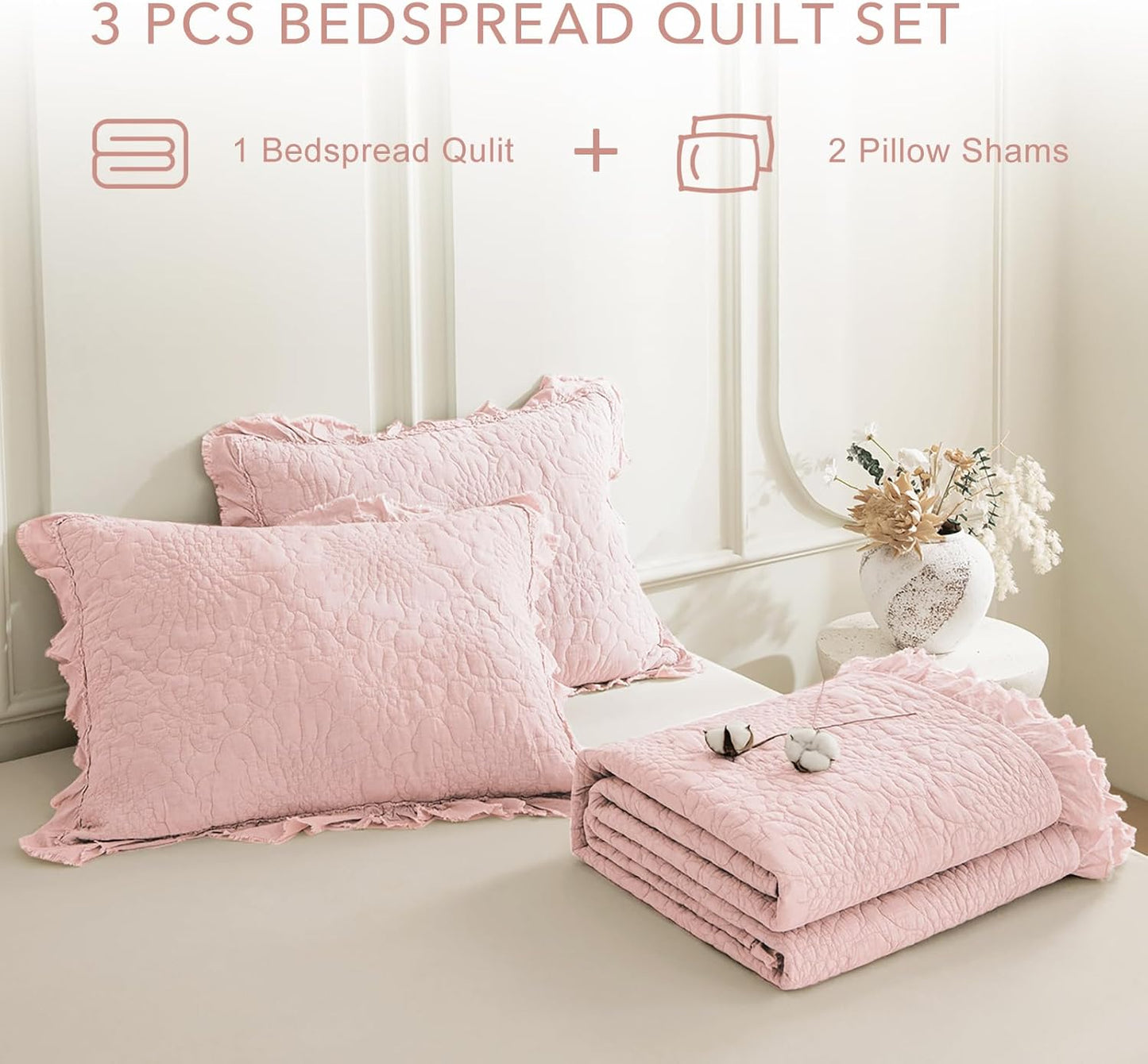 QSH 3PCs Stonewashed Cotton Quilt King (110"x98"), Blush Ruffled Quilt King Size Bedding Set,Ultra Lightweight Soft Crinkled Bedspread Coverlet King Shabby Farmhouse Chic Bedding for All Seasons