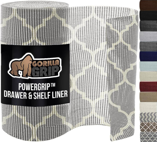 GORILLA GRIP powerGRIP Drawer Shelf and Cabinet Liner, Thick Strong Hold, Non-Adhesive Liners Protect Kitchen Cabinets and Cupboard, Bathroom Drawers, Easy Install, Breathable Mat, 17.5" x30', Gray
