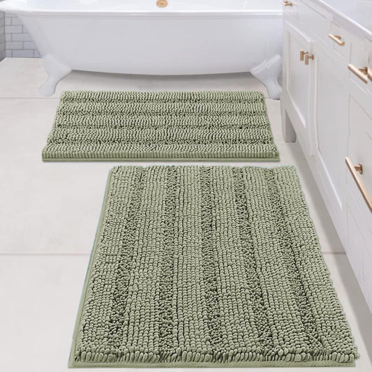 H.VERSAILTEX Bathroom Rug Sets 2 Piece Bath Mats Non Slip Thick Soft Chenille Striped Bath Rug achine Washable Shower Floor Rugs for Tub, Shower and Floor (Eucalyptus Green, 20" x 32"/24" x 36")