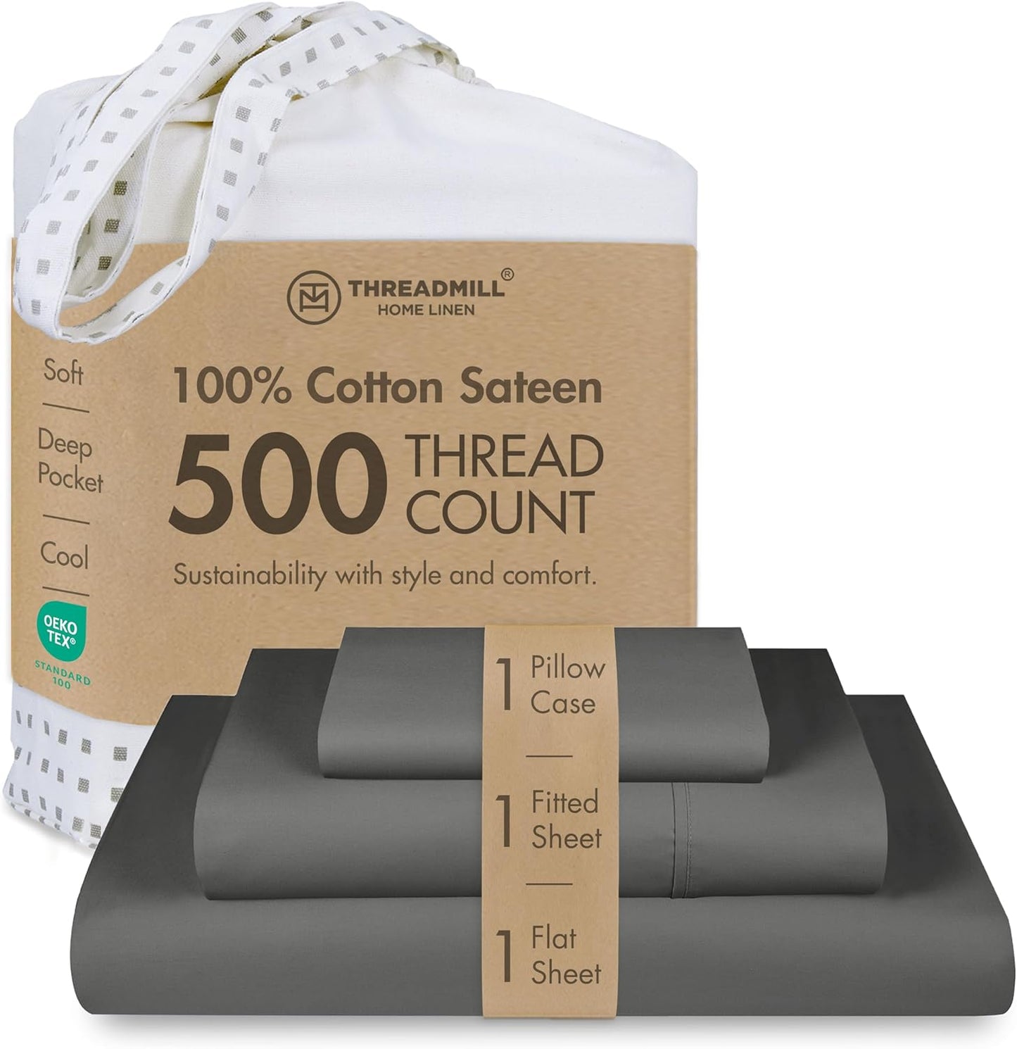 Threadmill - Twin XL Sheets Sets Soft 100% Cotton Cooling Sheets Deep Pocket Snug Fit Elastic, 500 Thread Count, 3-Pc, Hotel Quality Bed Sheets, Beats Egyptian Cotton Claim (Dark Grey)
