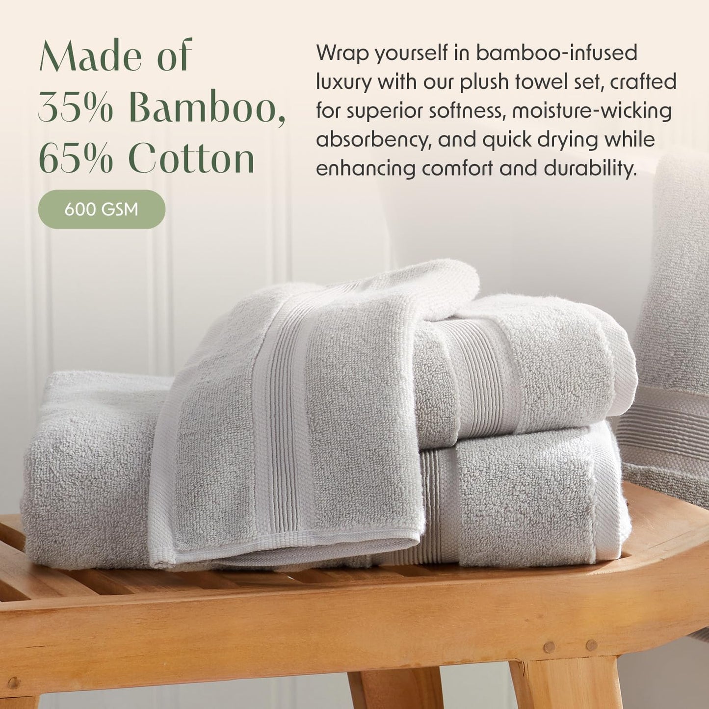 Springtree Home Luxury Bamboo Rayon Bath Towel Set 6 Piece Set | 35% Bamboo Rayon - 65% Cotton | Absorbent Quick-Dry Towels for Bathroom | Oeko-TEX Standard 100 Cotton | Grey