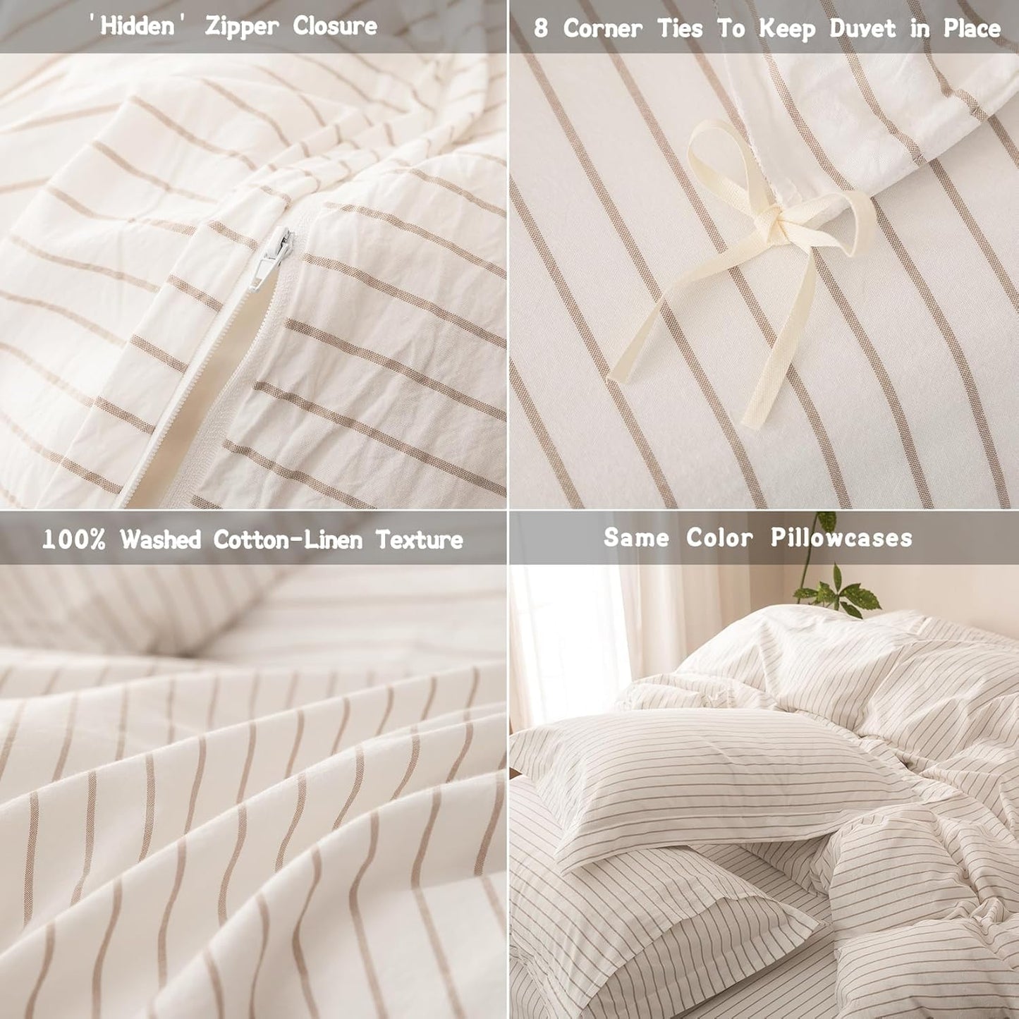 Stripe Duvet Cover Oversized King Size 120inch x 98inch,100% Washed Cotton Linen Feel Duvet Cover with Zipper Closure and 2 Pillowcases, Color of Off White-Linen Grey Stripe