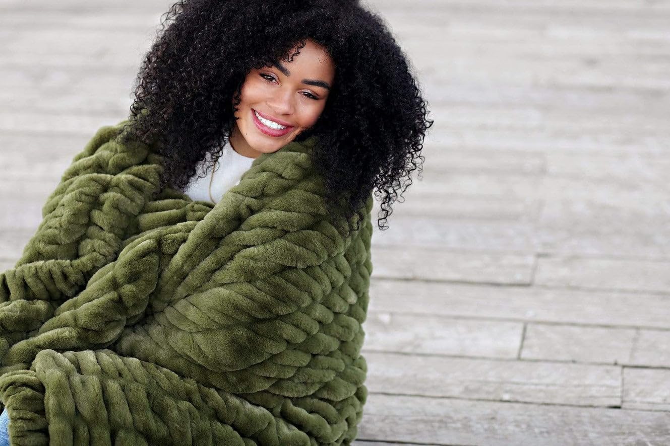 Minky Couture Hugs Blanket - Extra Plush Blanket for Premium Gifting - Stretchy Bubbled Cozy Throw - Silky Smooth - Durable & Machine-Washable - Travel-Friendly - Adult, Camp Green