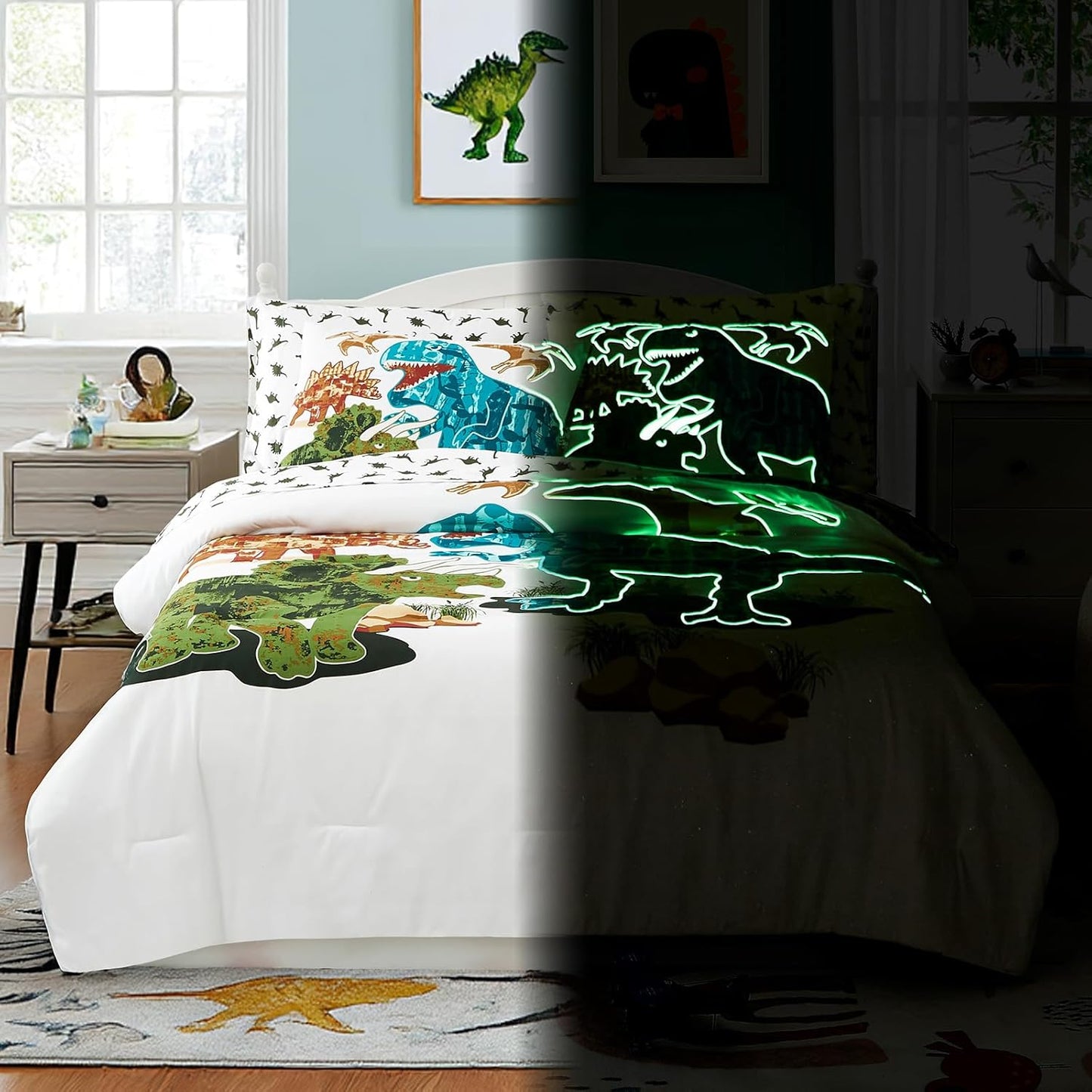 Full Size Comforter Set for Boys-7 Pieces Dinosaur Glow in The Dark Full Bedding Sets for Kids, Ultra Soft Bed in A Bag with Sheets
