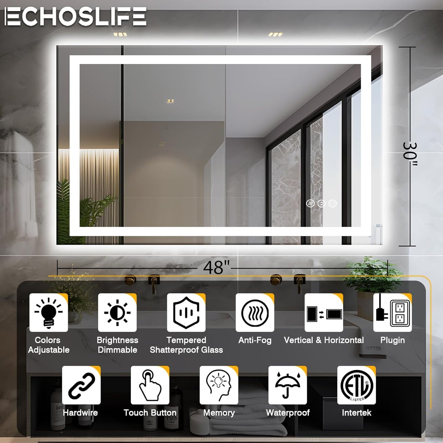 48"x30" LED Bathroom Mirror with Front & Backlit, Anti-Fog, Dimmable, Plugin/Hardwired, Shatterproof & Corrosion Proof, Wall Mount, Modern Style
