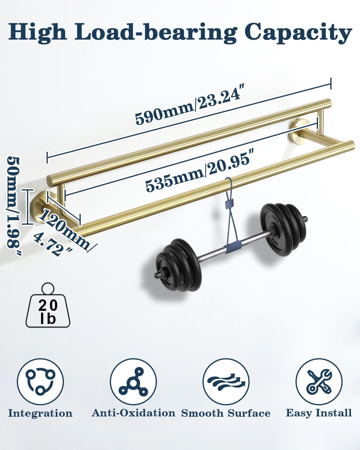 Alise Double Bath Towel Bars Towel Racks for Bathroom Lavatory,24 Inch Towel Holder SUS304 Stainless Steel Towel Hanger Towel Rail Wall Mount,Brushed Gold,GYT6902-G