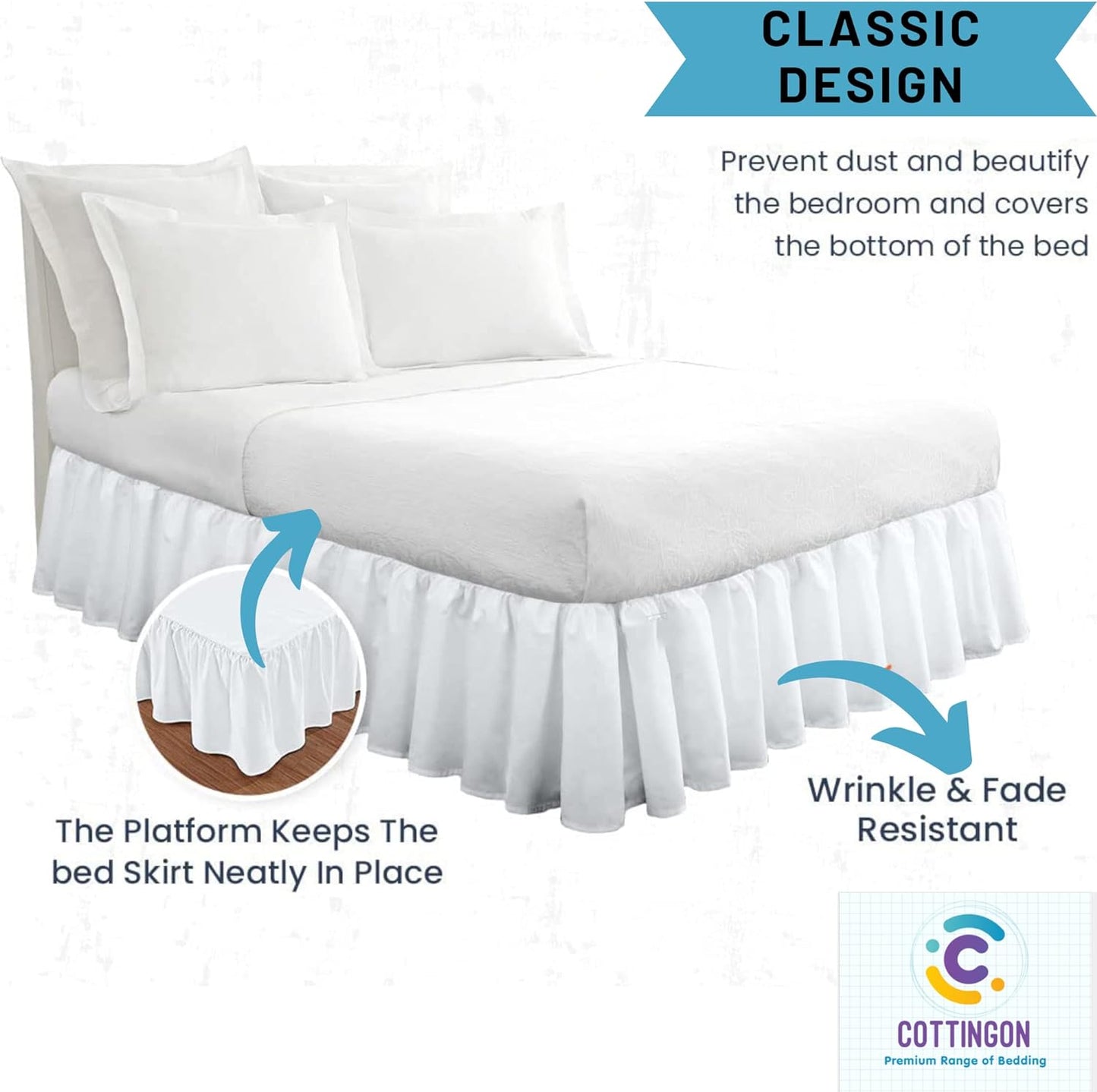 Ruffled Bed Skirt with Split Corners-Dust Ruffle - 21" Drop 100% Microfiber Soft,Sheen & Luxurious Look - Bed Skirts (White -Queen)