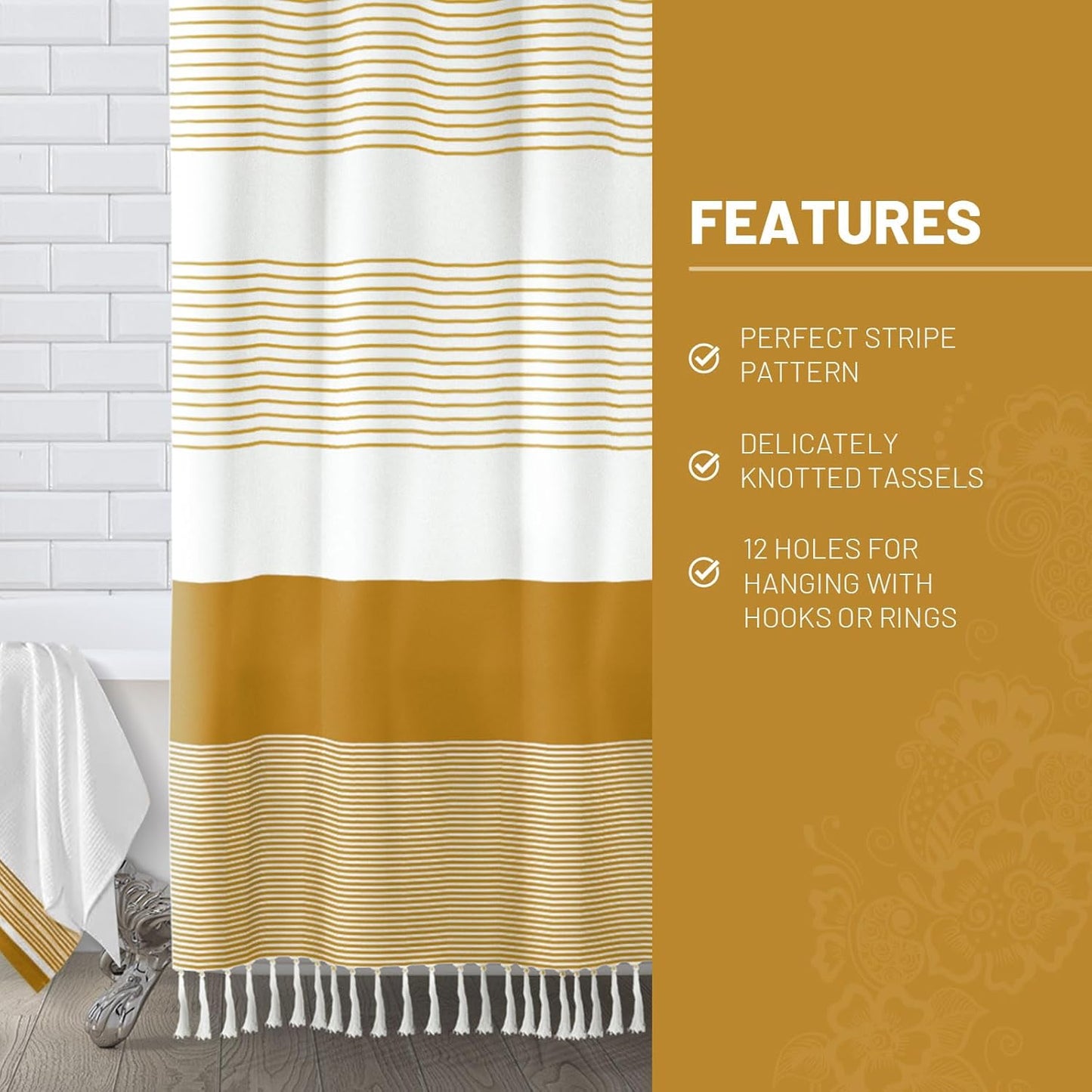 Awellife Gold Boho Shower Curtain for Bathroom Farmhouse Cotton Stripe Tassel Shower Curtain Natural Texture 72 X 72