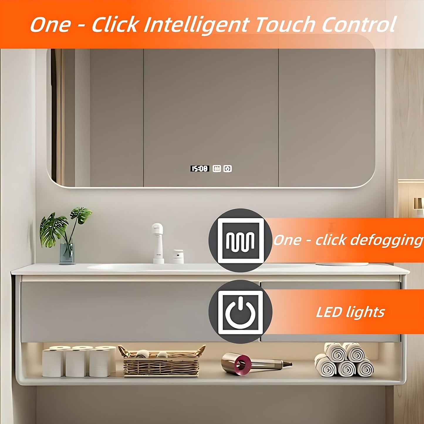 48IN Grey Bathroom Vanity Set - Floating Bathroom Vanity with Single Sink | Including LED Smart Defogging Mirror Cabinet & Time Display Function, Equipped with Motion Sensing Light Strip (Style B)