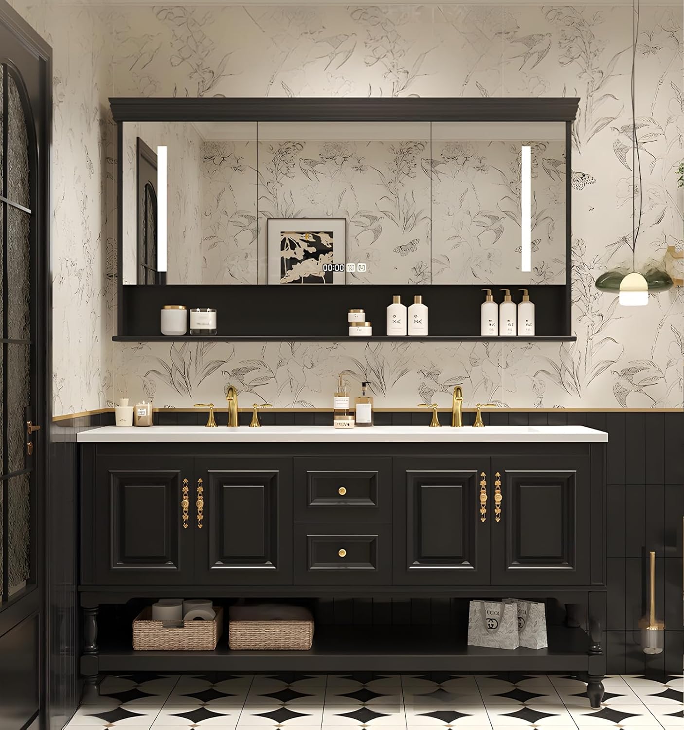 72" Double Bathroom Vanity with Sink,Freestanding Bathroom Vanity Large Storage Cabinet & Open Mirror Cabinet,4 Soft Closing Doors and 2 Drawers Solid Wood Luxury Bathroom Vanities Set,Black