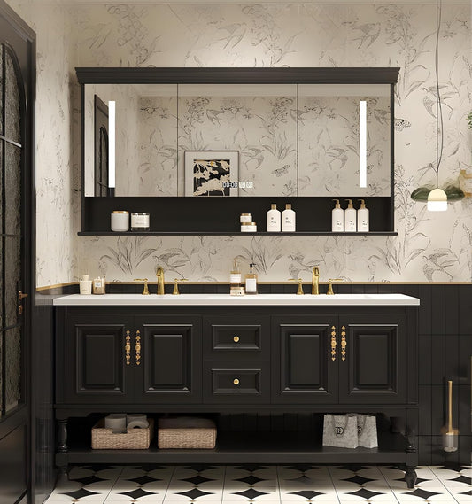 88" Double Bathroom Vanity with Sink,Freestanding Bathroom Vanity Large Storage Cabinet & Open Mirror Cabinet,4 Soft Closing Doors and 2 Drawers Solid Wood Luxury Bathroom Vanities Set,Black