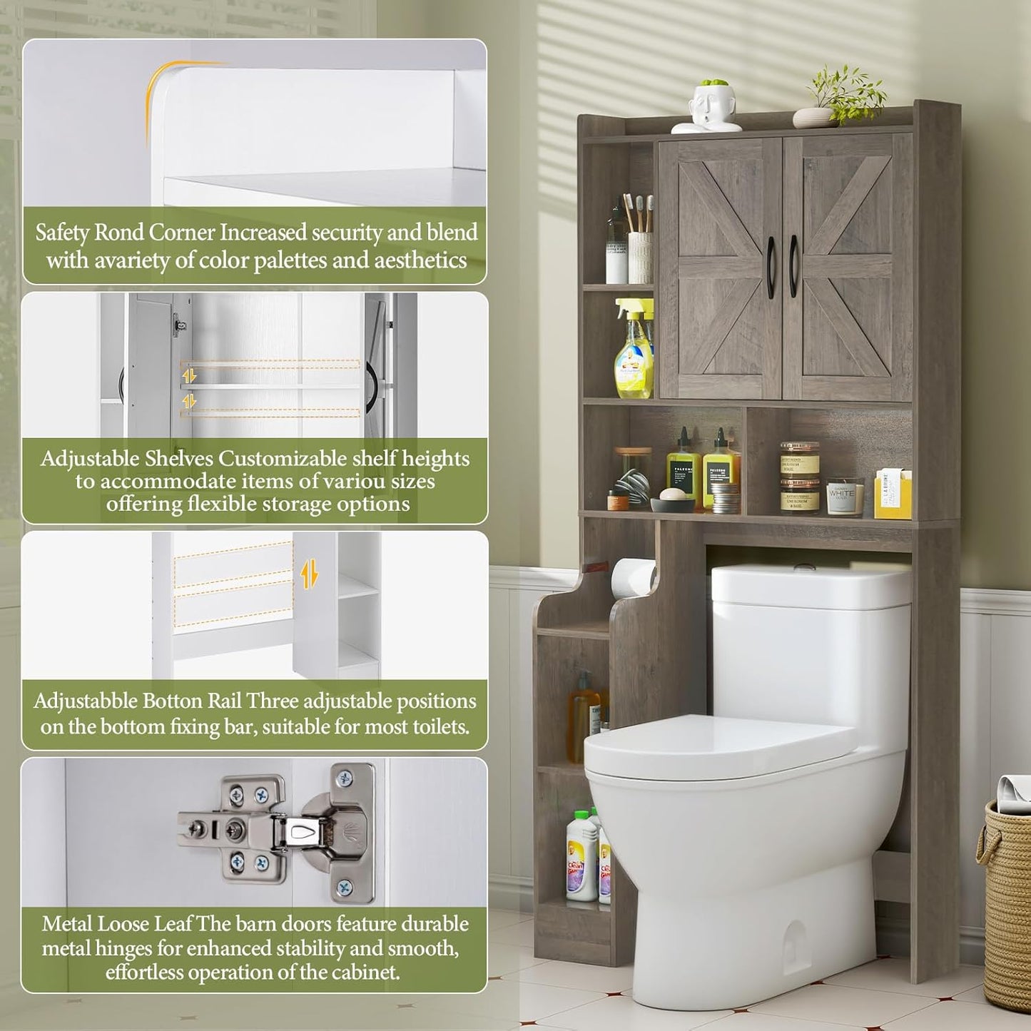 Over The Toilet Storage Cabinet with Barn Doors, Rustic Bathroom Organizer, Space-Saving Shelf for Laundry, Grey