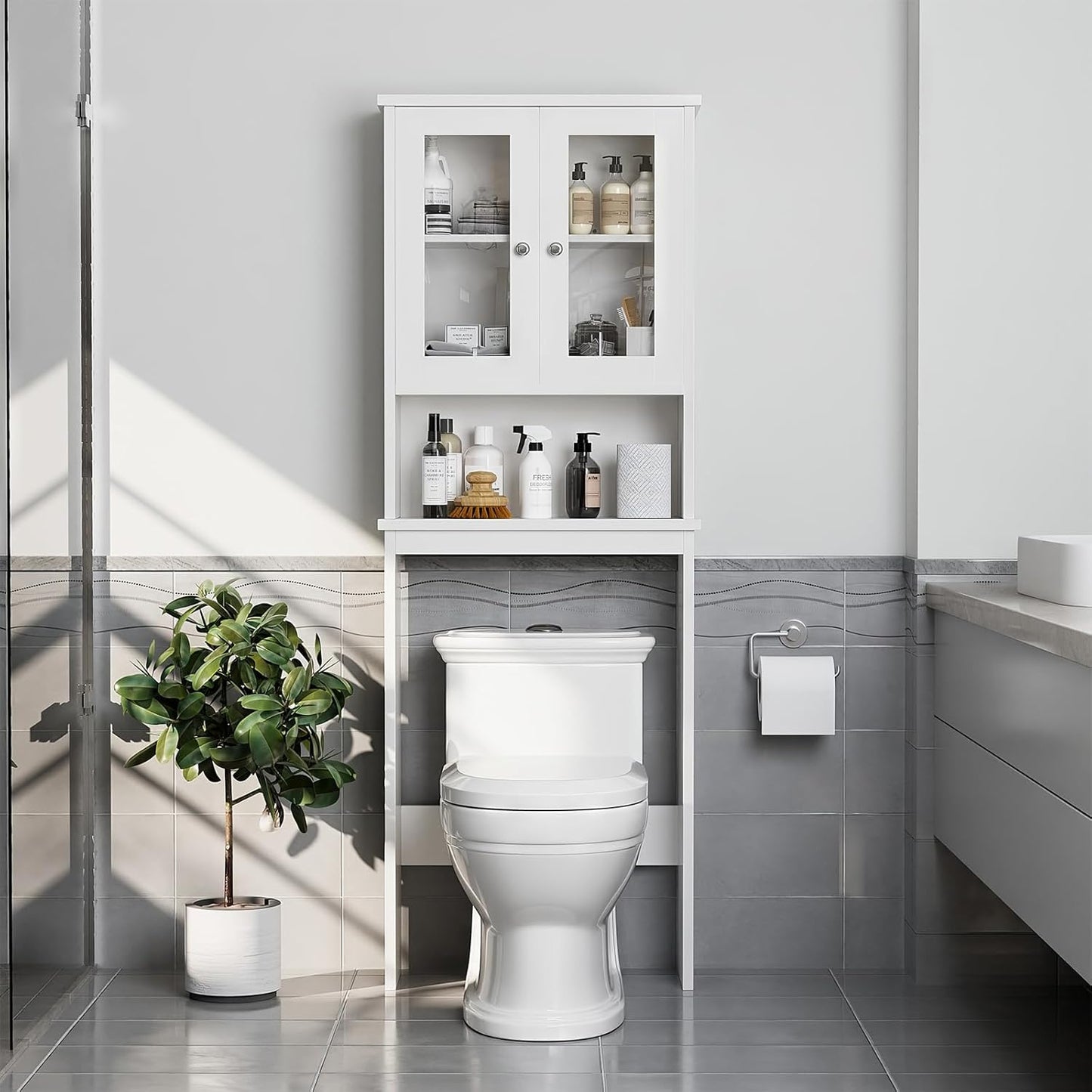 Meilocar Over The Toilet Storage Cabinet for Bathroom, Storage Organizer Over Toilet, Space Saver with Tempered Glass Doors, White