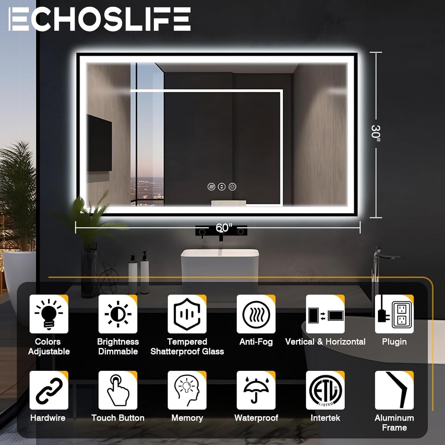 60x30 Large LED Bathroom Vanity Mirror - Black Aluminum Framed, Anti-Fog Illuminated, Stepless Dimmable, 3 Colors Smart (Horizontal/Vertical)