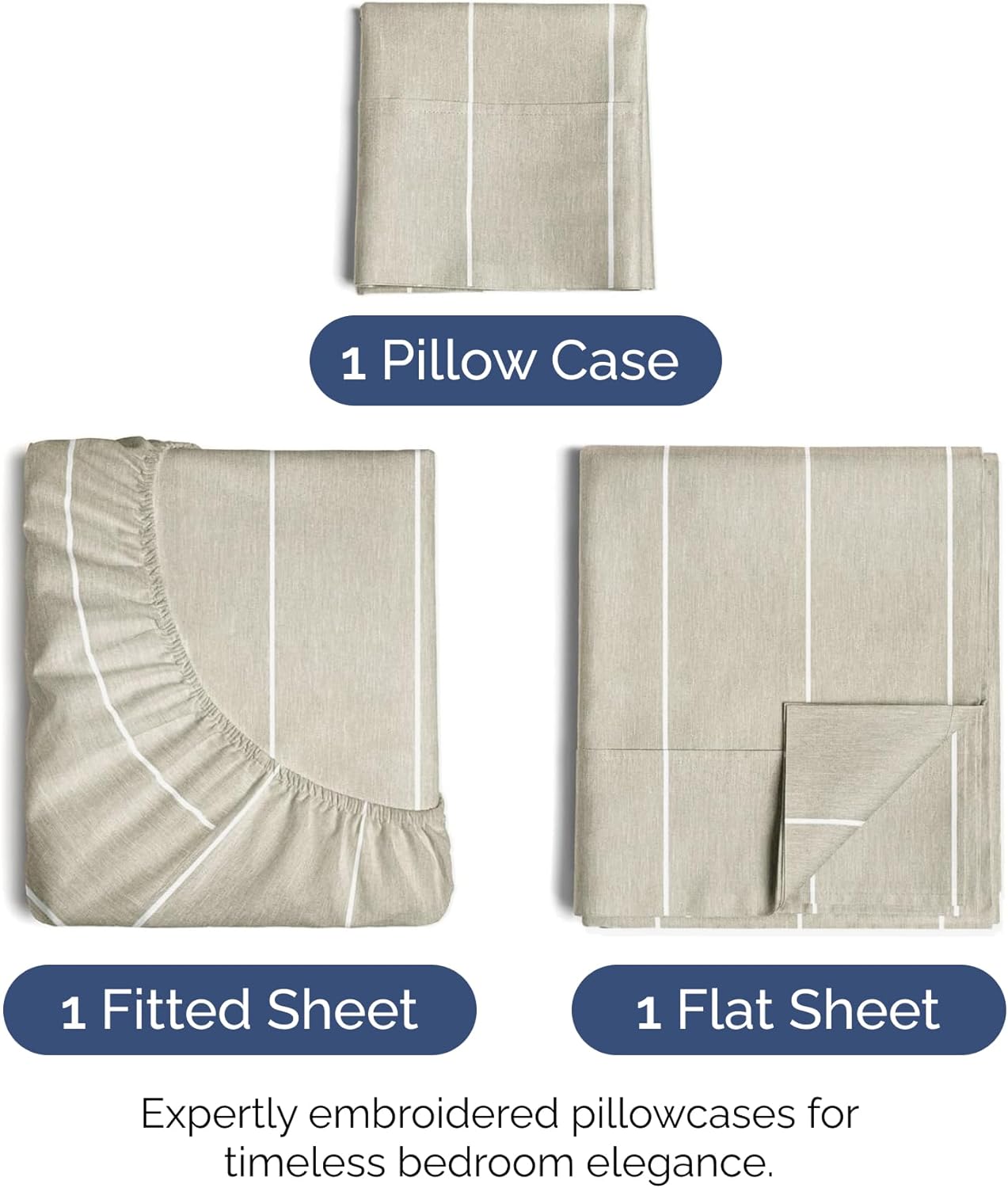 Twin Size 3 Piece Sheet Set - Extra Soft, Breathable & Cooling - Hotel Luxury Durable Bed Sheets for Women & Men - Deep Pockets, Easy-Fit & Wrinkle-Free - Beige Stripes Oeko-Tex