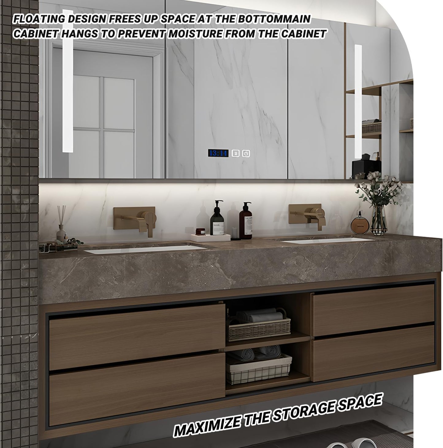 72IN Double Sink Bathroom Vanity, Floating Modern Bathroom Vanity Include Smart Defog Mirror Cabinet with LED Light, Solid Wood Vanities with Integrated Sink and Drawers Storage