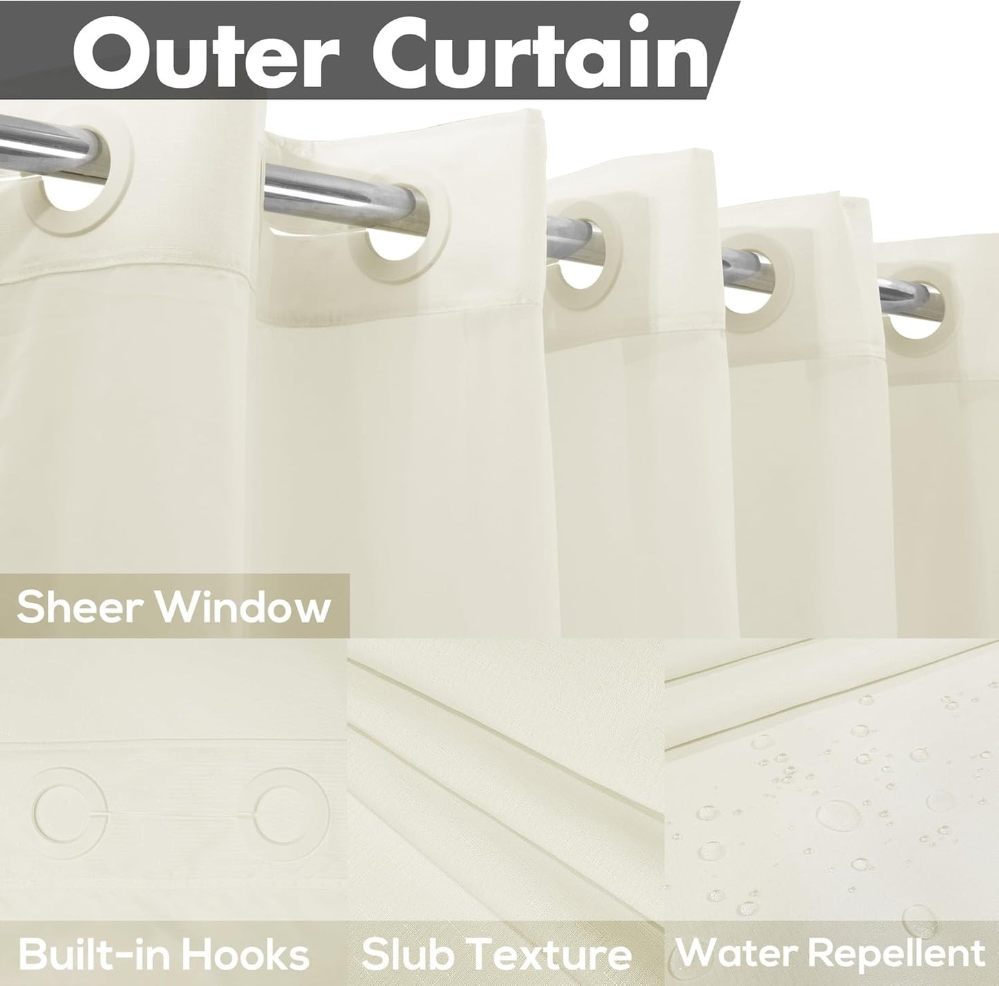 No Hook Slub Textured Shower Curtain with Snap-in PEVA Liner Set - 71" x 74"(72"), Hotel Style Cream Shower Curtain with Sheer Top Window, Water Repellent, Sand, W71xH72