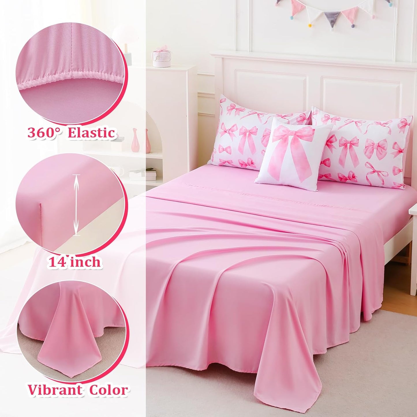 6 Pieces Full Comforter Sets with Sheets Pink Bed in a Bag for Girls,Bow Comforter Set,Bow Full Bedding Sets for Kids