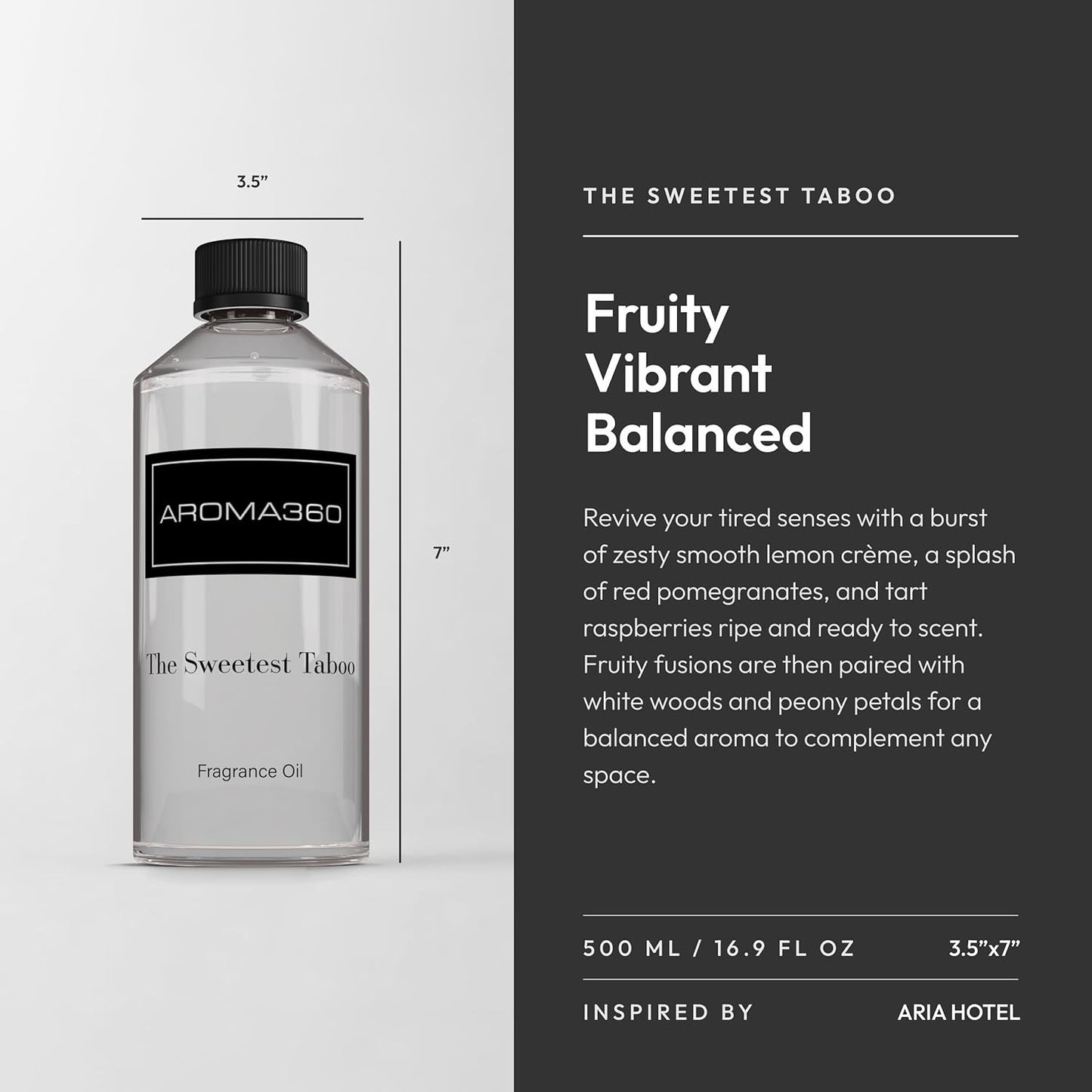 Aroma360 - The Sweetest Taboo Fragrance Oil Scent - Luxury Aromatherapy Scent Diffuser Oil - Hints of Lemon Crème, Pomegranates, & Raspberries - For Essential Oil Diffusers - For Home & Office - 500mL
