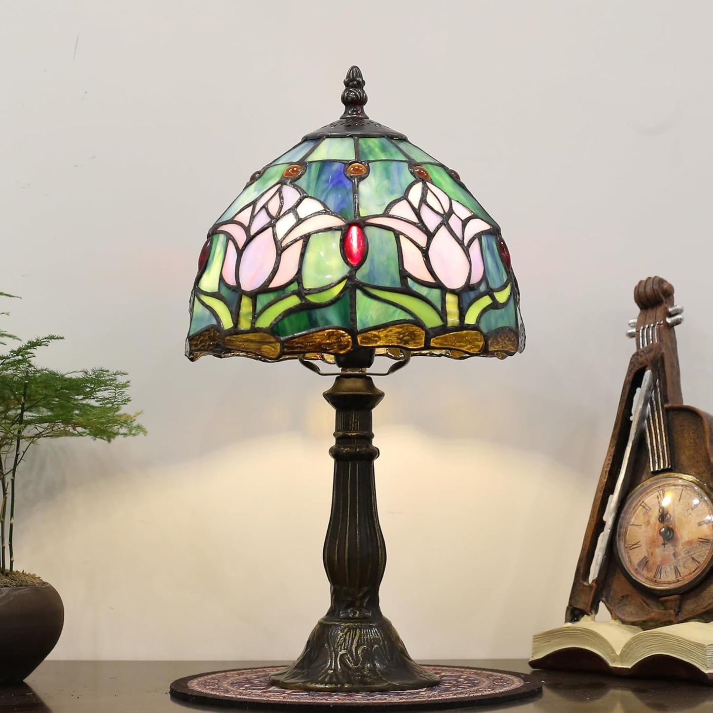 Tiffany Small Table Lamp for Bedroom Bedside Nightstand Table Lamps for Living Room 3 Way Color Temperatures Stained Glass Table Lamp 8X8X15 Inch Home Office Reading Desk Lamp (Pink Tulips)