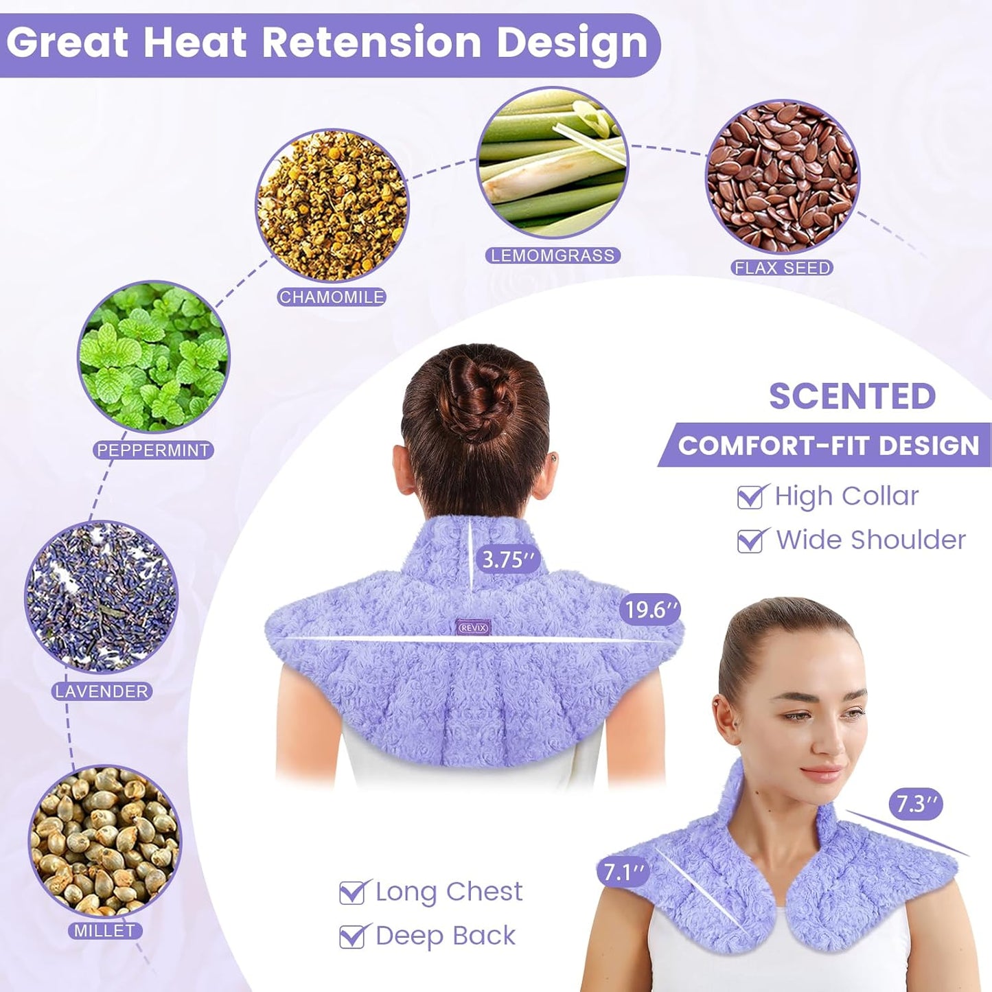 REVIX Microwave Heating Pad for Neck and Shoulders Back, Microwavable Heated Neck Wrap Warmer with Moist Heat, Lavender Aromatherapy Hot and Cold Pack