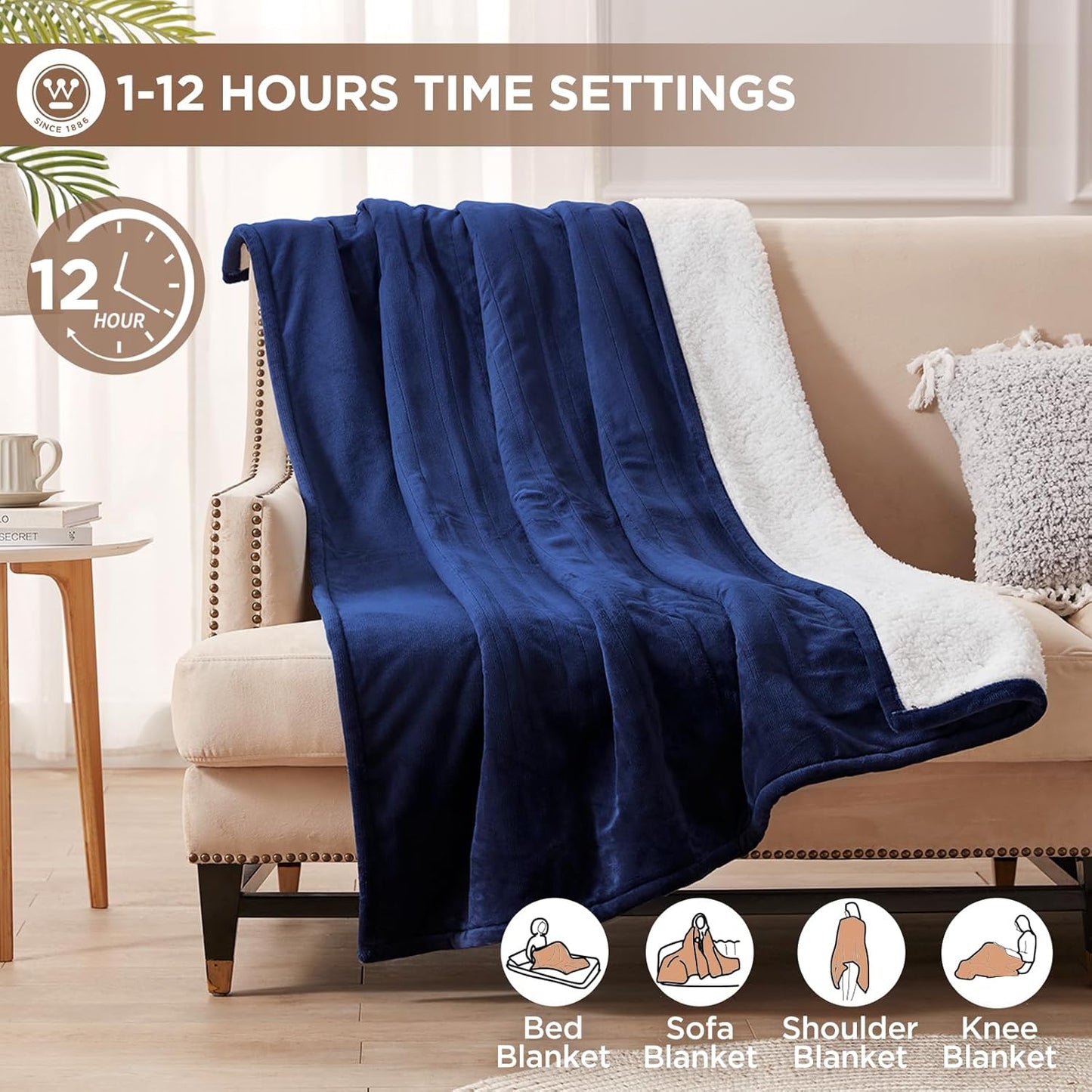 Westinghouse Electric Blanket Heated Throw | 6 Heating Levels & 4 Hours Auto Off | Flannel to Sherpa Reversible 50x60 | Machine Washable, Navy Blue