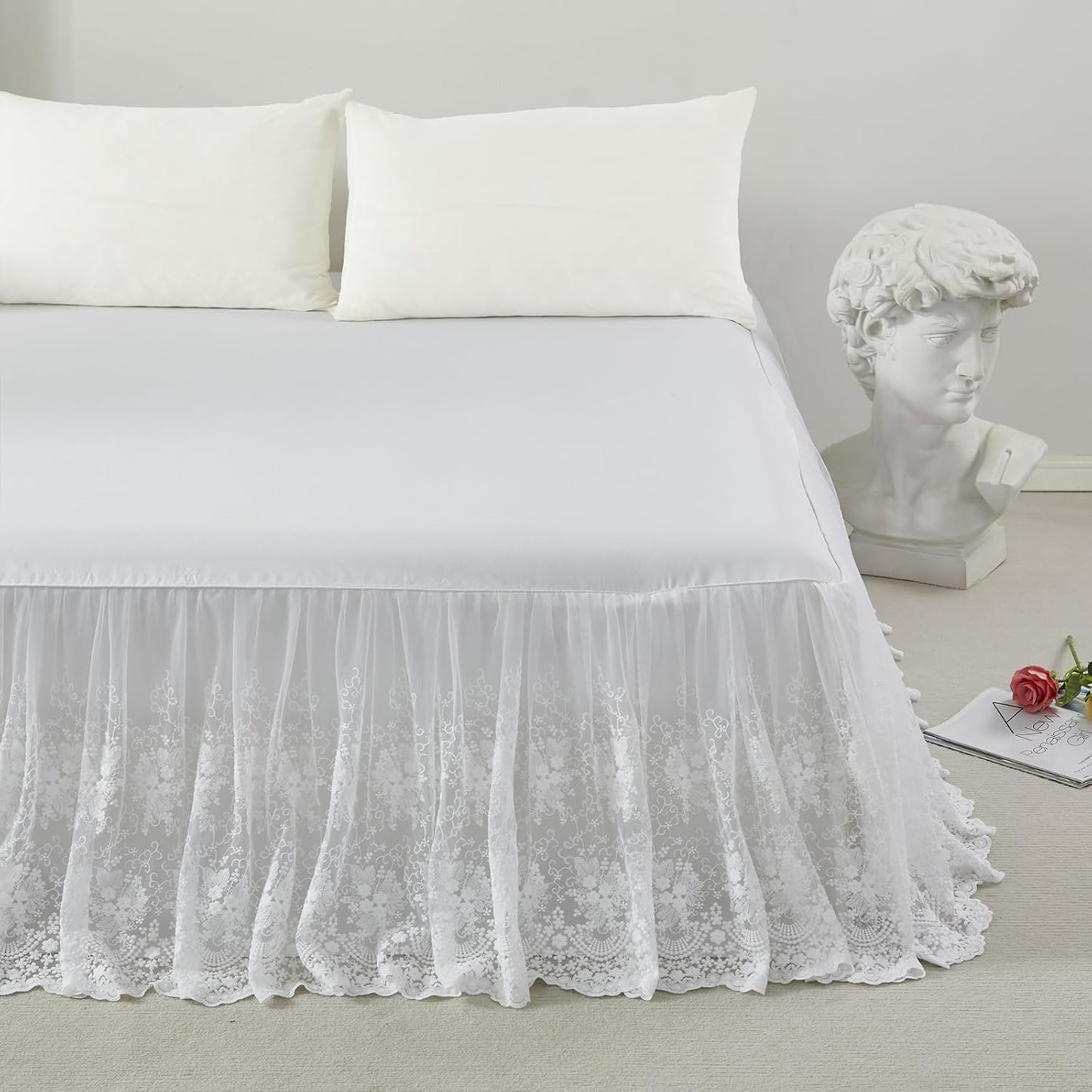 Brandream Lace Bed Skirt Twin Size White 18 Inch Drop Romantic Dust Ruffle Split Corners Bed Sheets Cover Excellent Quality