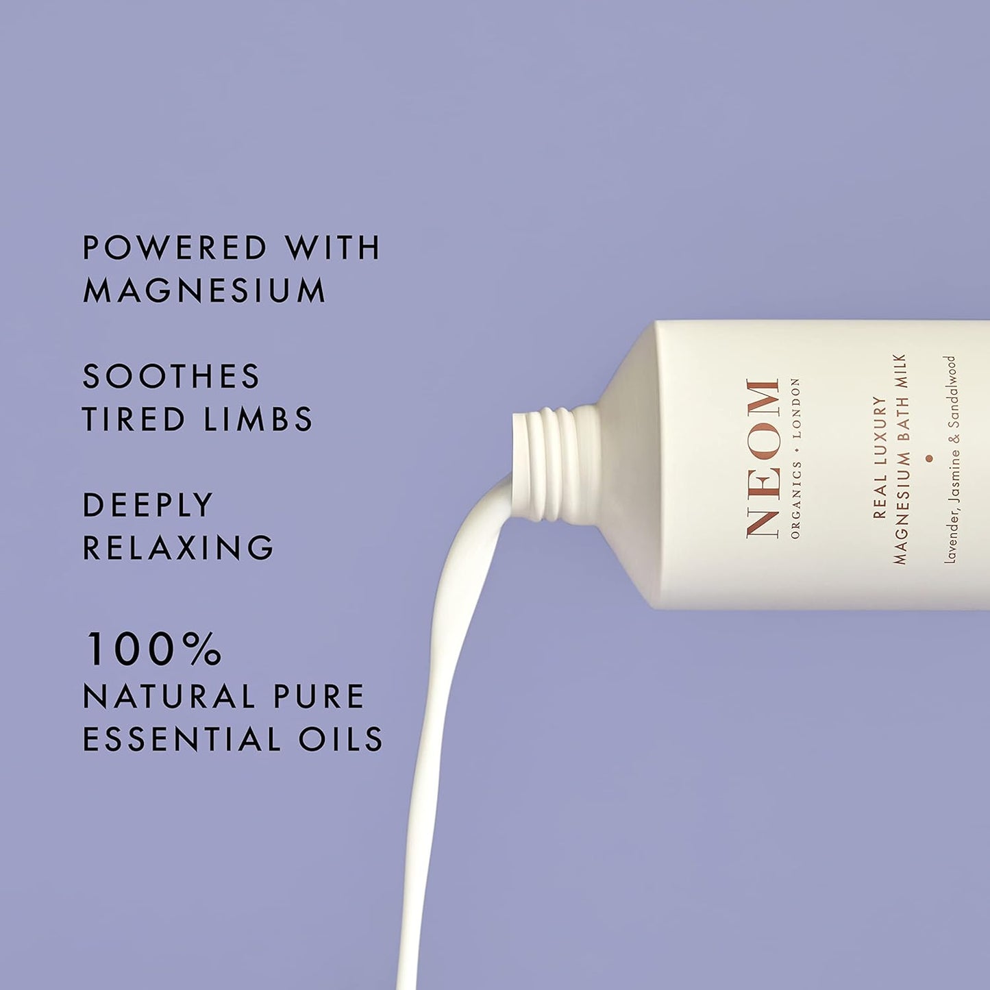 Neom De-Stress Real Luxury Magnesium Bath Milk, 10.14 Oz I 100% Natural Lavender, Jasmine and Sandalwood I Relieve Sore, Tired Muscles I Milky Texture I Relaxing