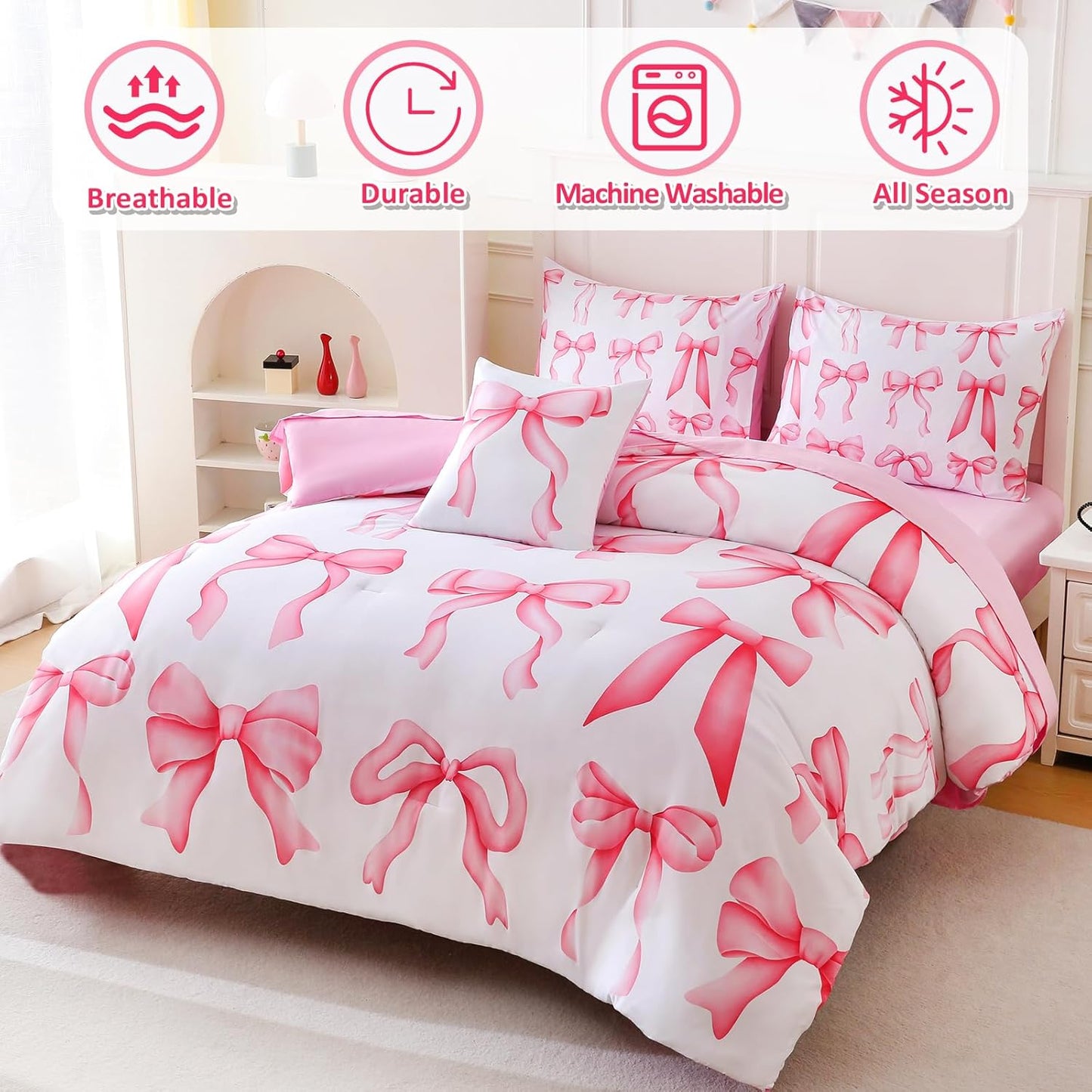 6 Pieces Full Comforter Sets with Sheets Pink Bed in a Bag for Girls,Bow Comforter Set,Bow Full Bedding Sets for Kids