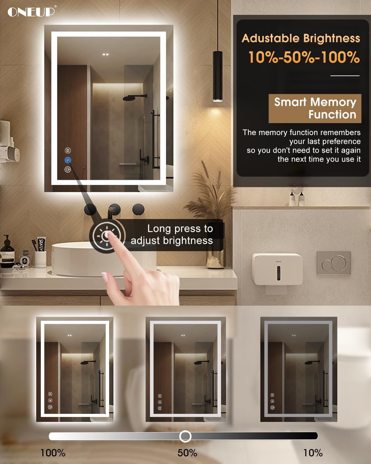 oneup 28x36'' RGB Bathroom Mirror with Lights,RGB Color Changing LED Bathroom Mirror for Wall,Lighted Vanity Mirrors,Dimmable,Anti-Fog,IP54 Waterproof