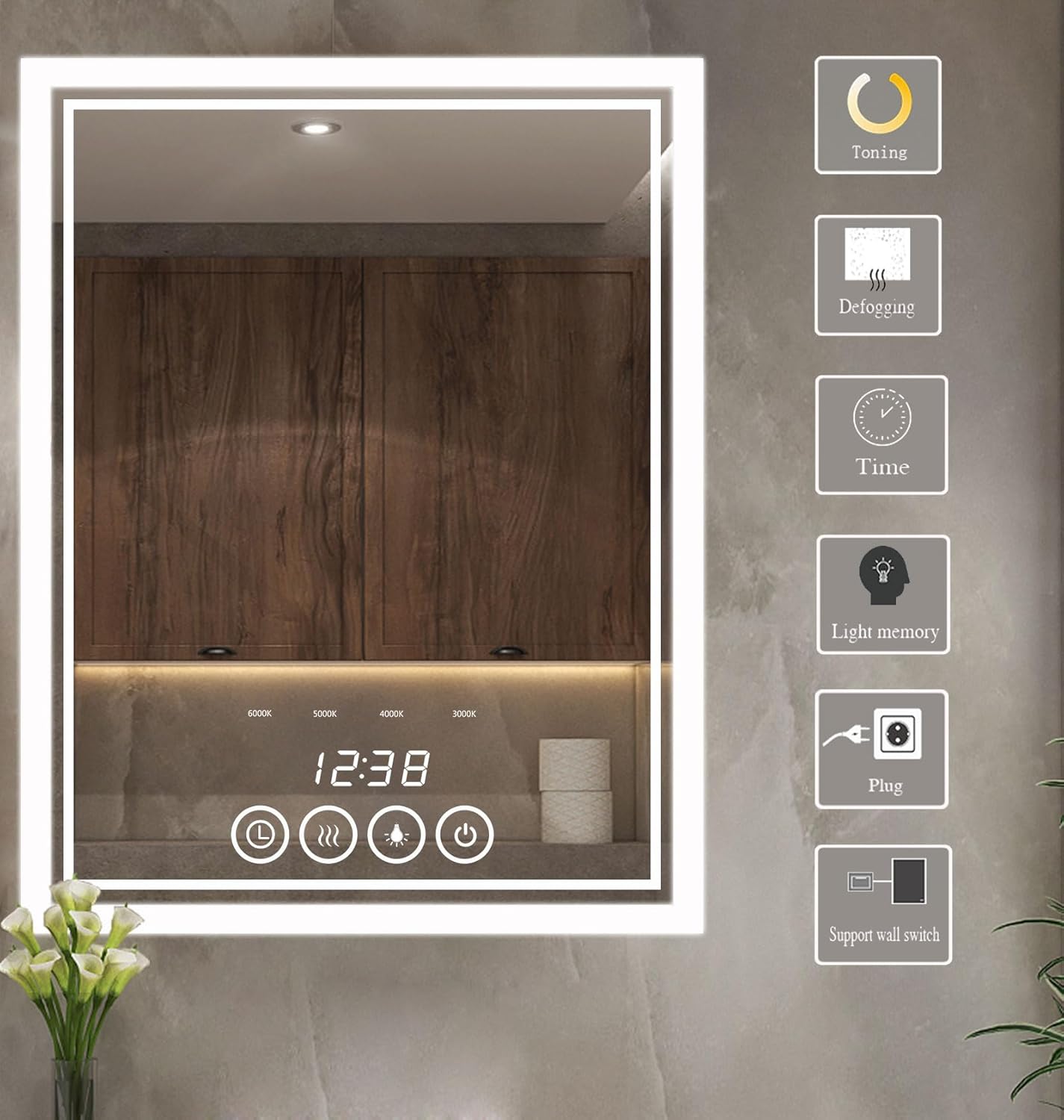 24 x 32 Inch Large Bathroom Mirror with Lights for Wall Big Anti-Fog Led Lighted Wall-Mounted Vanity Mirrors Dimmable Back-lit Makeup Mirror (24" x 32")